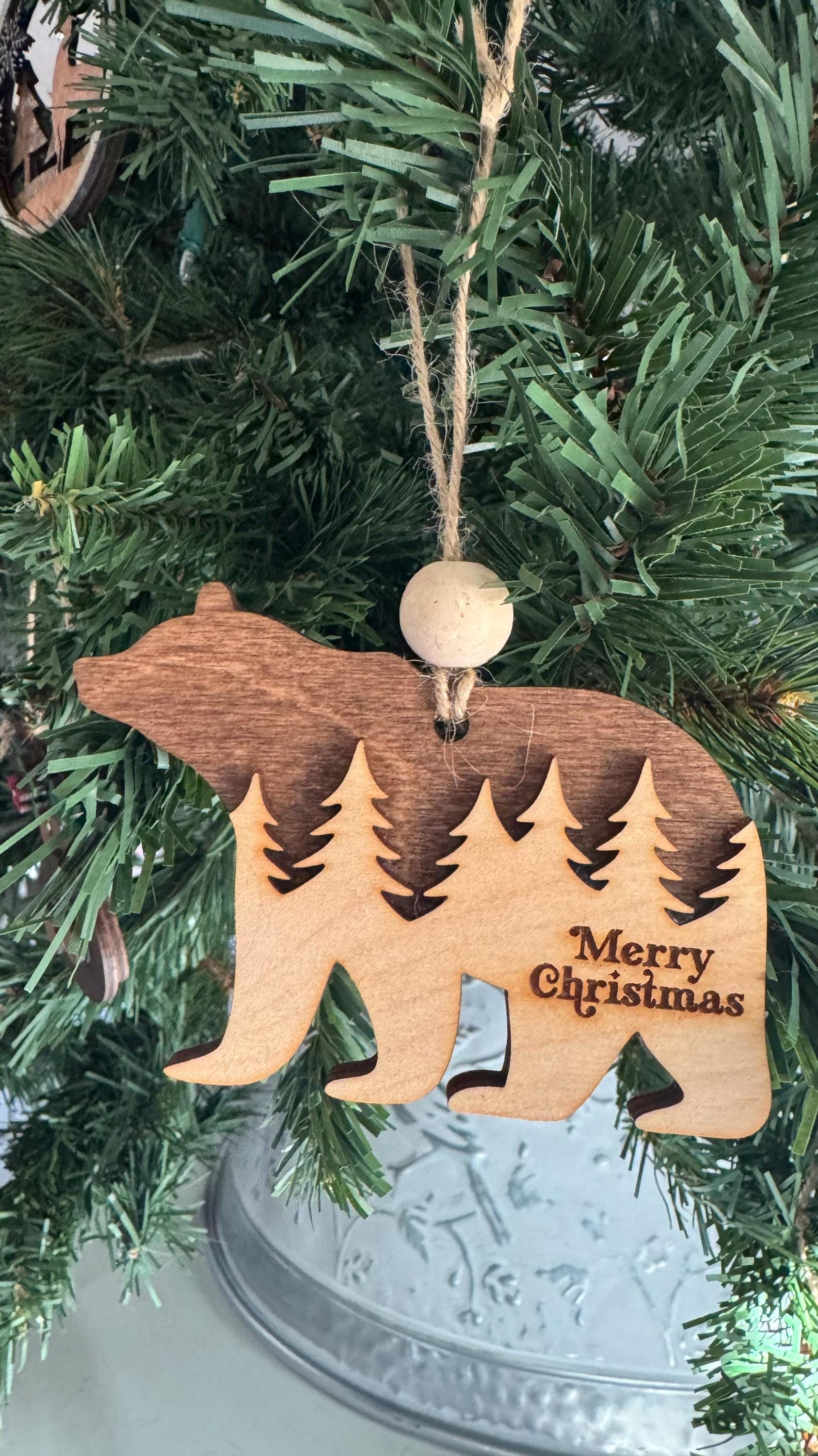 Wooden Bear Christmas Ornament, Rustic Woodland Holiday Tree Decor 2 - MeasureMason Wooden Bear Christmas Ornament, Rustic Woodland Holiday Tree Decor 2