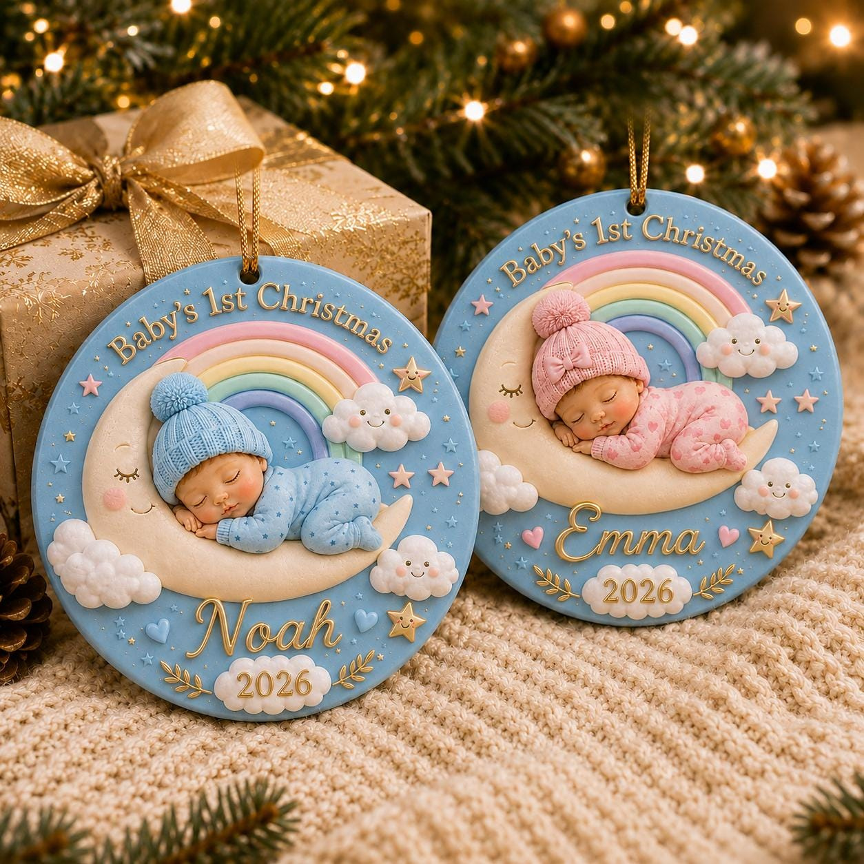 Baby First Christmas Moon Ornament, Personalized Ceramic Newborn Keepsake