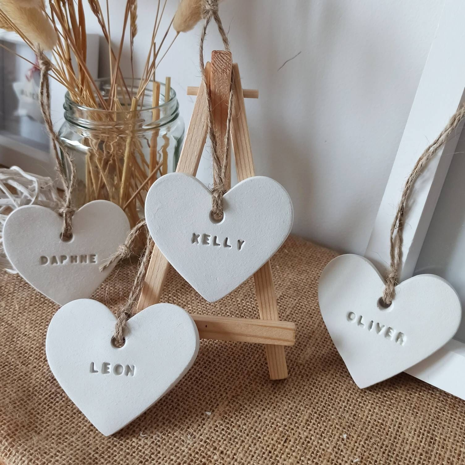 Personalized Clay Heart Ornament, Handmade Name Tag Hanging Decoration