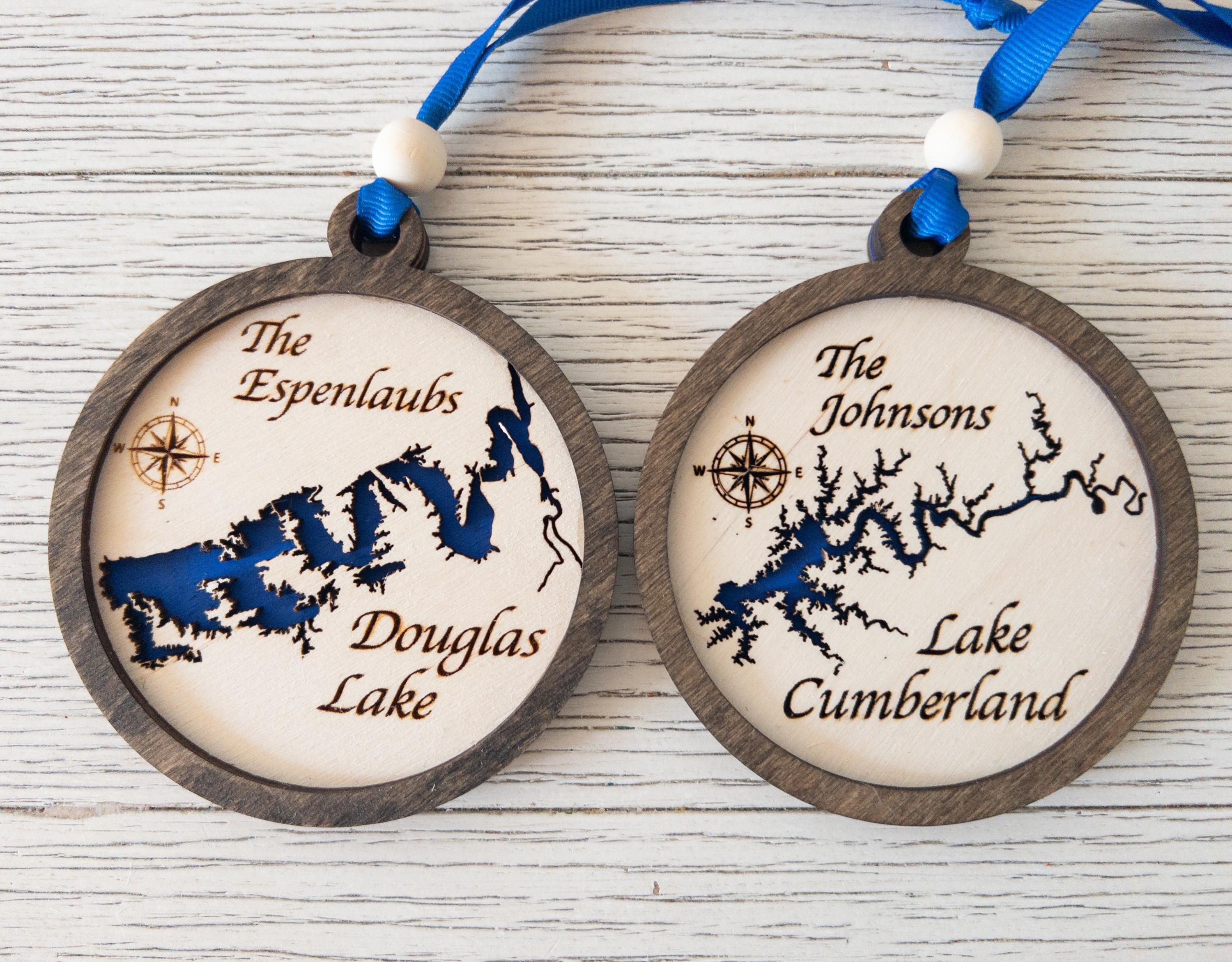 Personalized Lake Map 3D Christmas Ornament - Laser Engraved Wooden Custom Family Vacation Keepsake