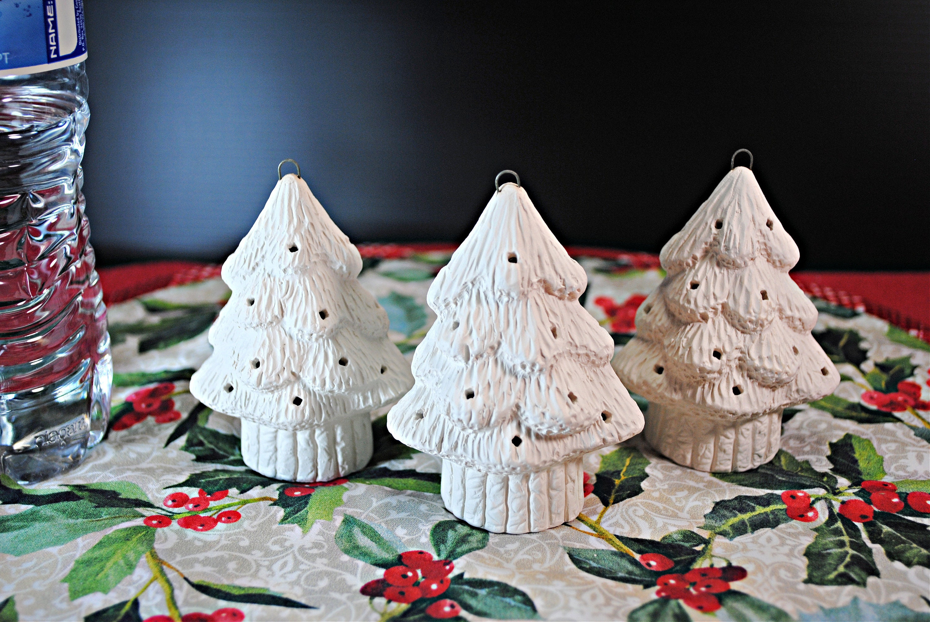 Unpainted Ceramic Christmas Tree Ornaments Set of 3 with Optional Light Holes Unpainted Ceramic Christmas Tree Ornaments Set of 3 with Optional Light Holes