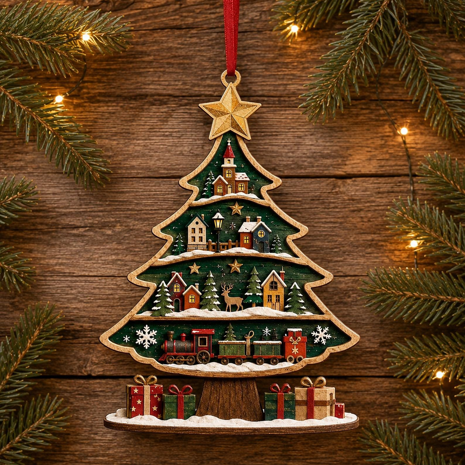 Wood Christmas Tree Ornament with Layered Village Scene Rustic Holiday Hanging Decor 2 - MeasureMason Wood Christmas Tree Ornament with Layered Village Scene Rustic Holiday Hanging Decor 2