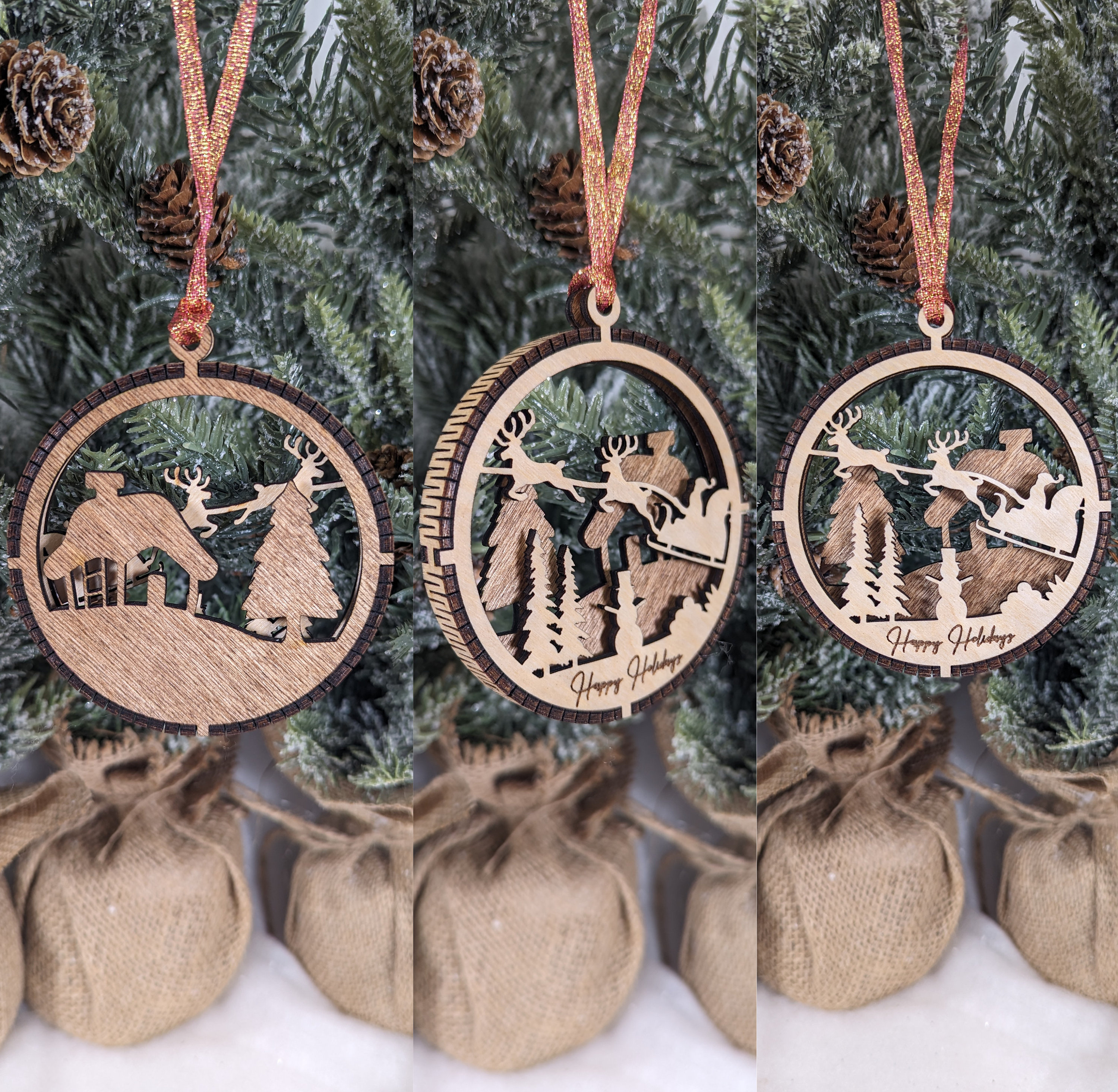 Laser-Cut Wood Christmas Ornament Set, Woodland Scenes, Handmade Holiday Tree Decor