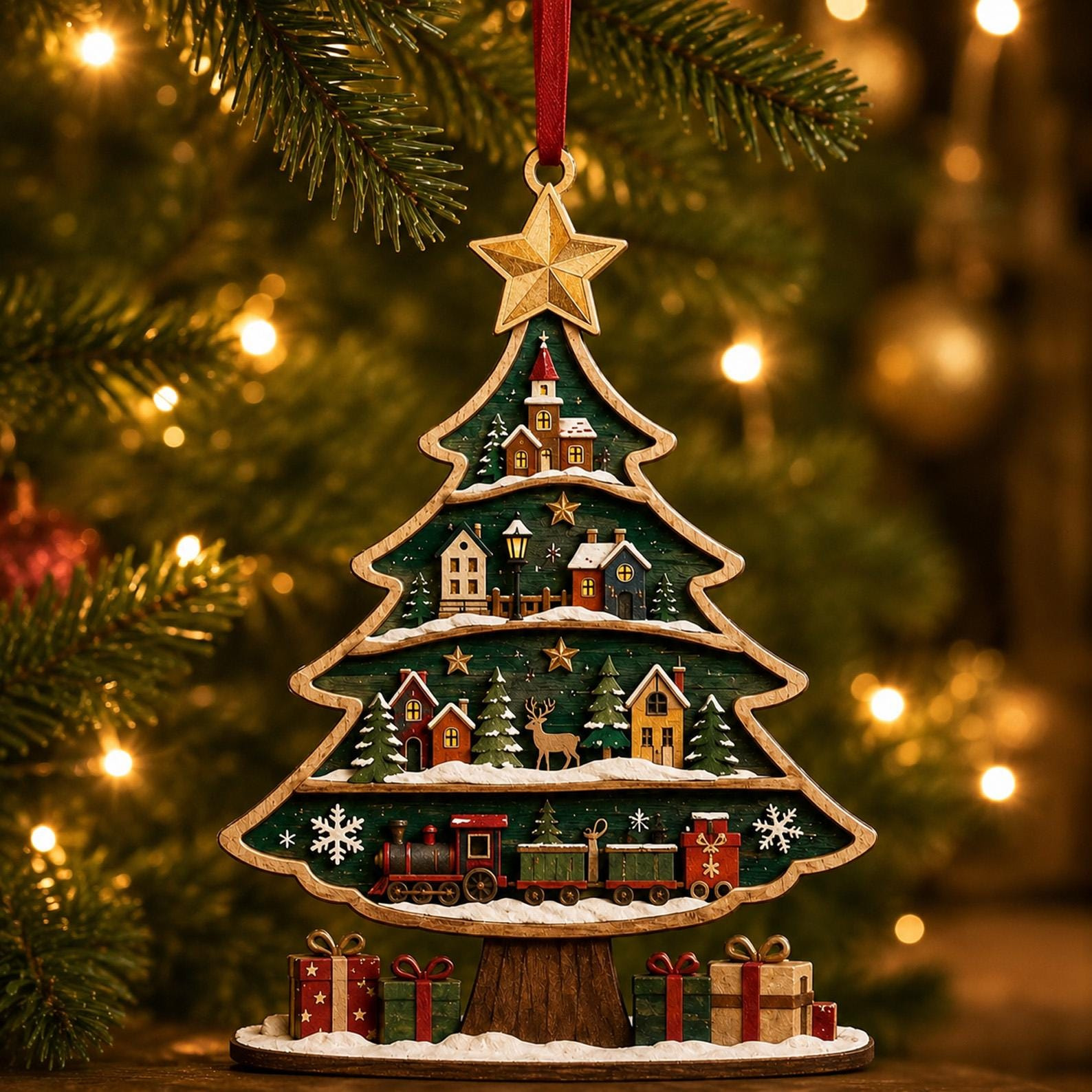 Wood Christmas Tree Ornament with Layered Village Scene Rustic Holiday Hanging Decor 1 - MeasureMason Wood Christmas Tree Ornament with Layered Village Scene Rustic Holiday Hanging Decor 1