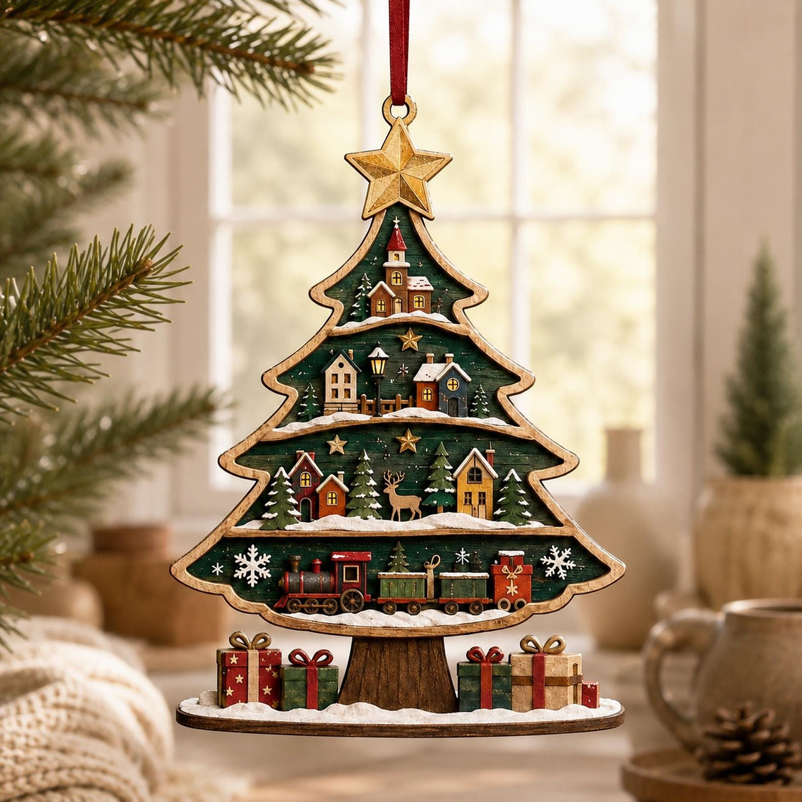 Wood Christmas Tree Ornament with Layered Village Scene Rustic Holiday Hanging Decor