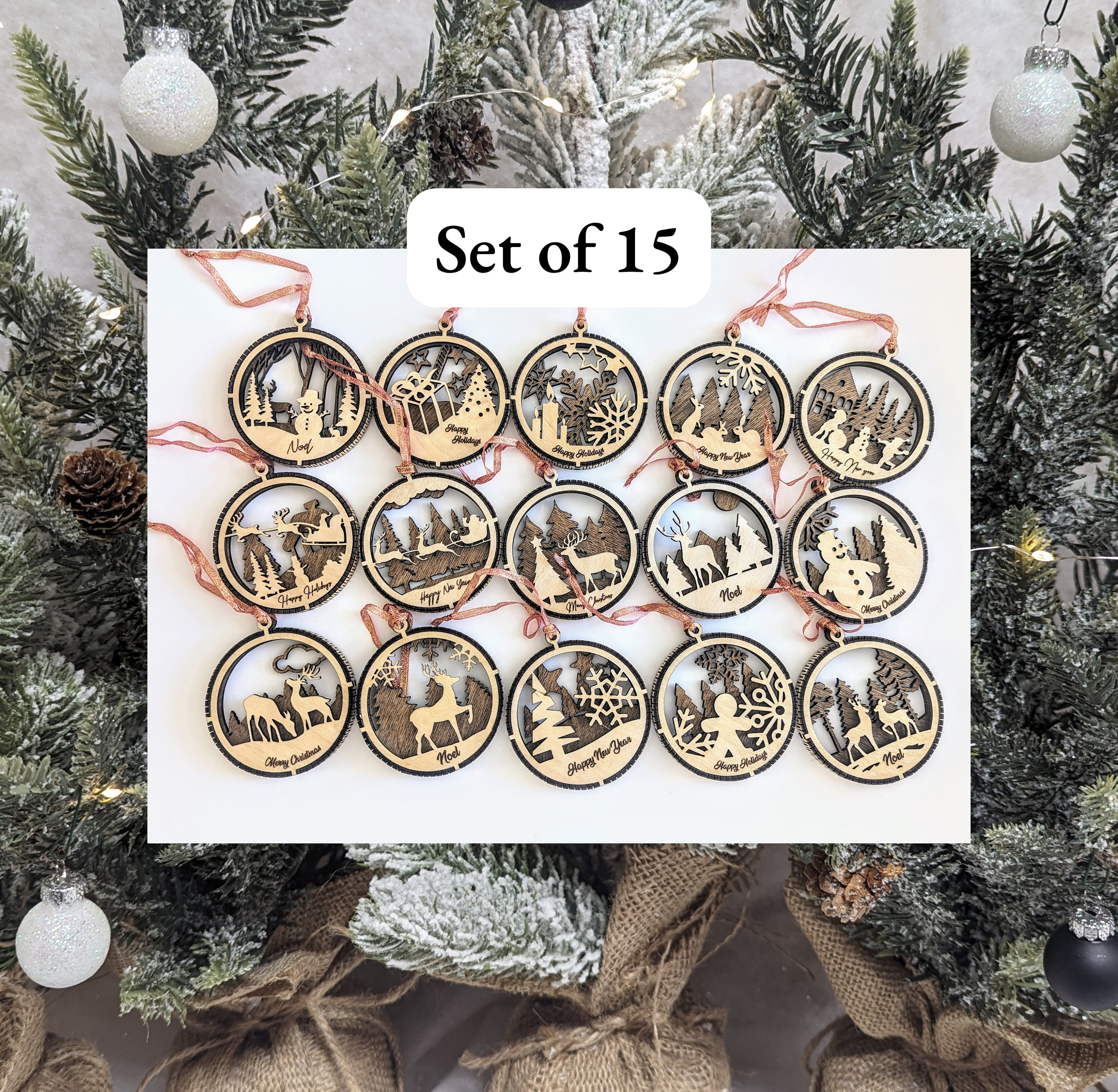 Laser-Cut Wood Christmas Ornament Set, Woodland Scenes, Handmade Holiday Tree Decor 3 - MeasureMason Laser-Cut Wood Christmas Ornament Set, Woodland Scenes, Handmade Holiday Tree Decor 3