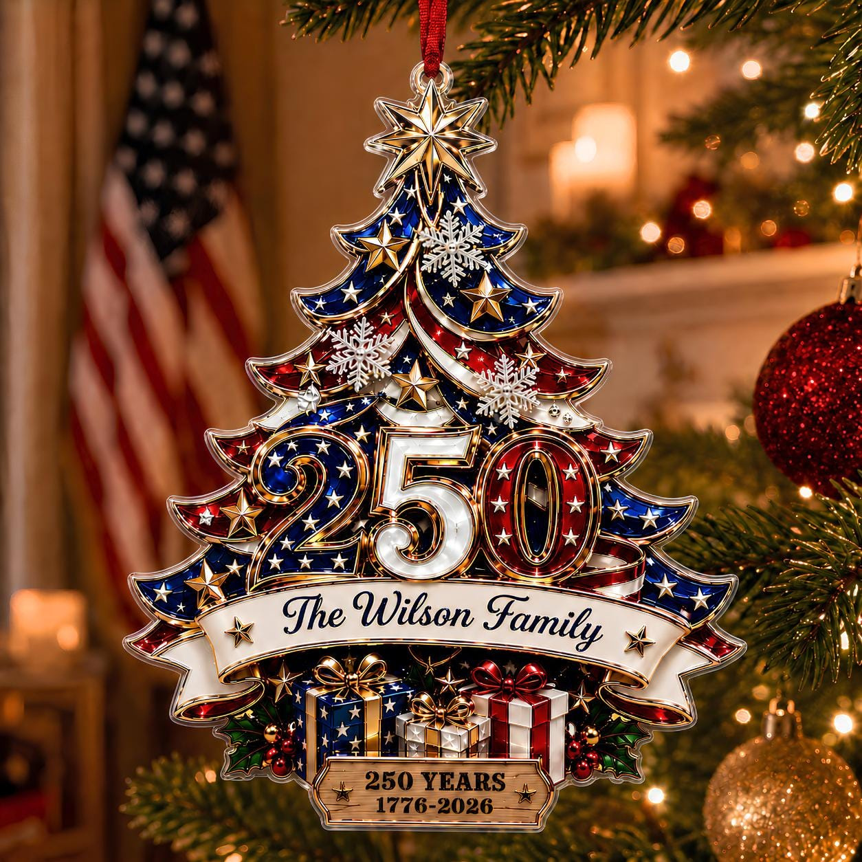 Custom 250th Anniversary Acrylic Ornament, Personalized Patriotic Family Christmas Tree Decor, 1776-2026 USA Bauble 1
