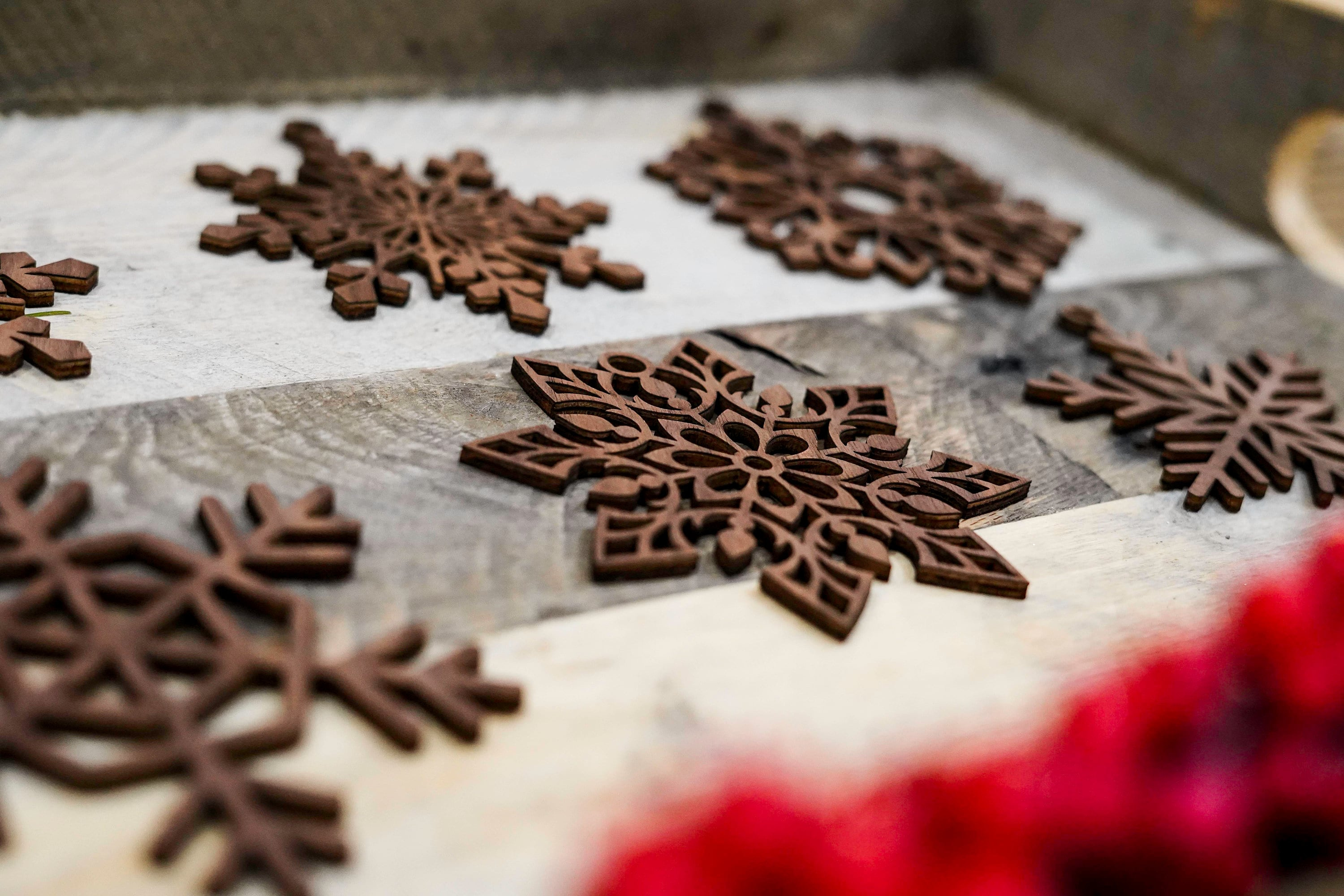 Christmas Snowflake Wooden Ornaments in Walnut 1 - MeasureMason Christmas Snowflake Wooden Ornaments in Walnut 1