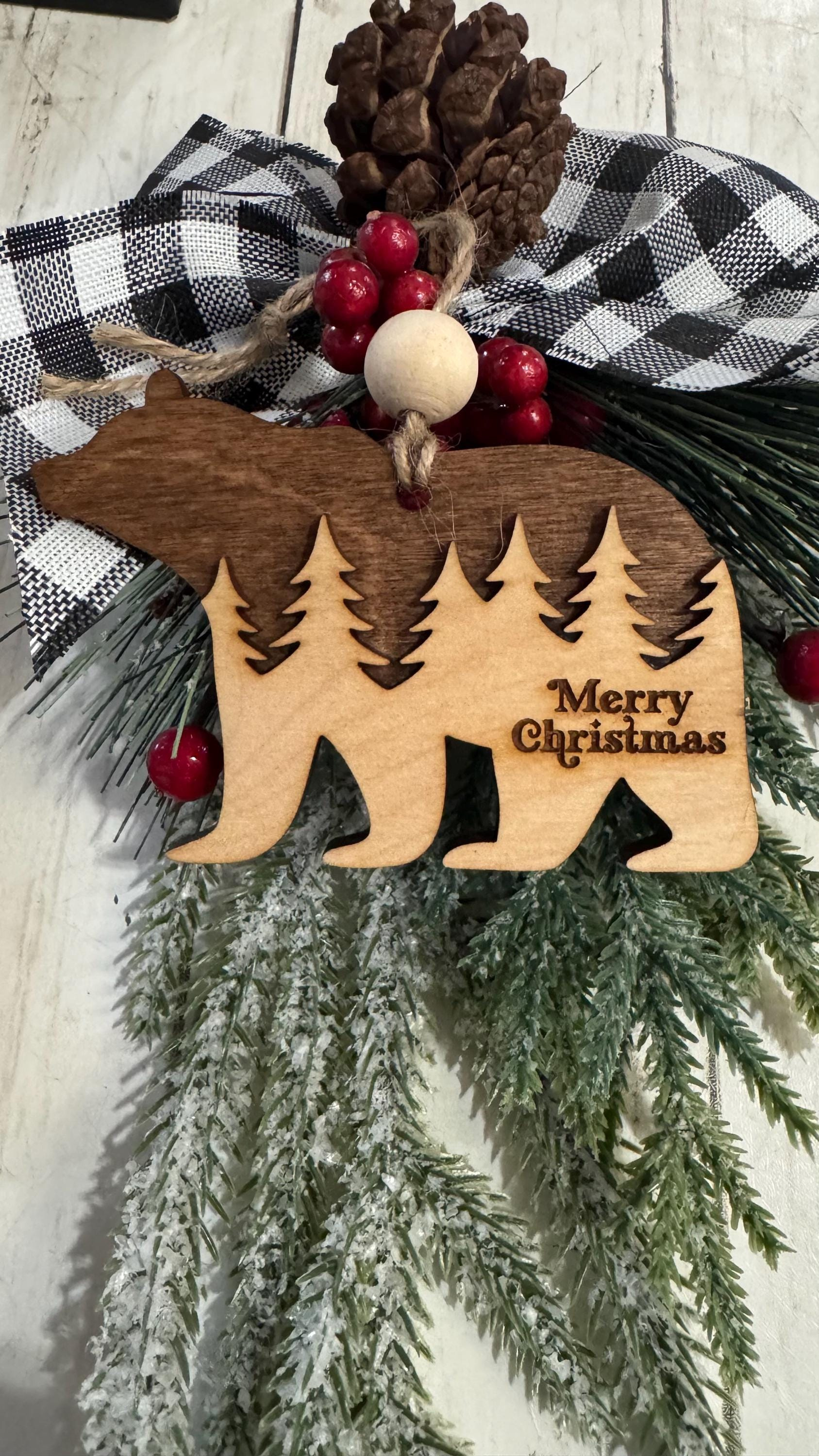 Wooden Bear Christmas Ornament, Rustic Woodland Holiday Tree Decor 1 - MeasureMason Wooden Bear Christmas Ornament, Rustic Woodland Holiday Tree Decor 1