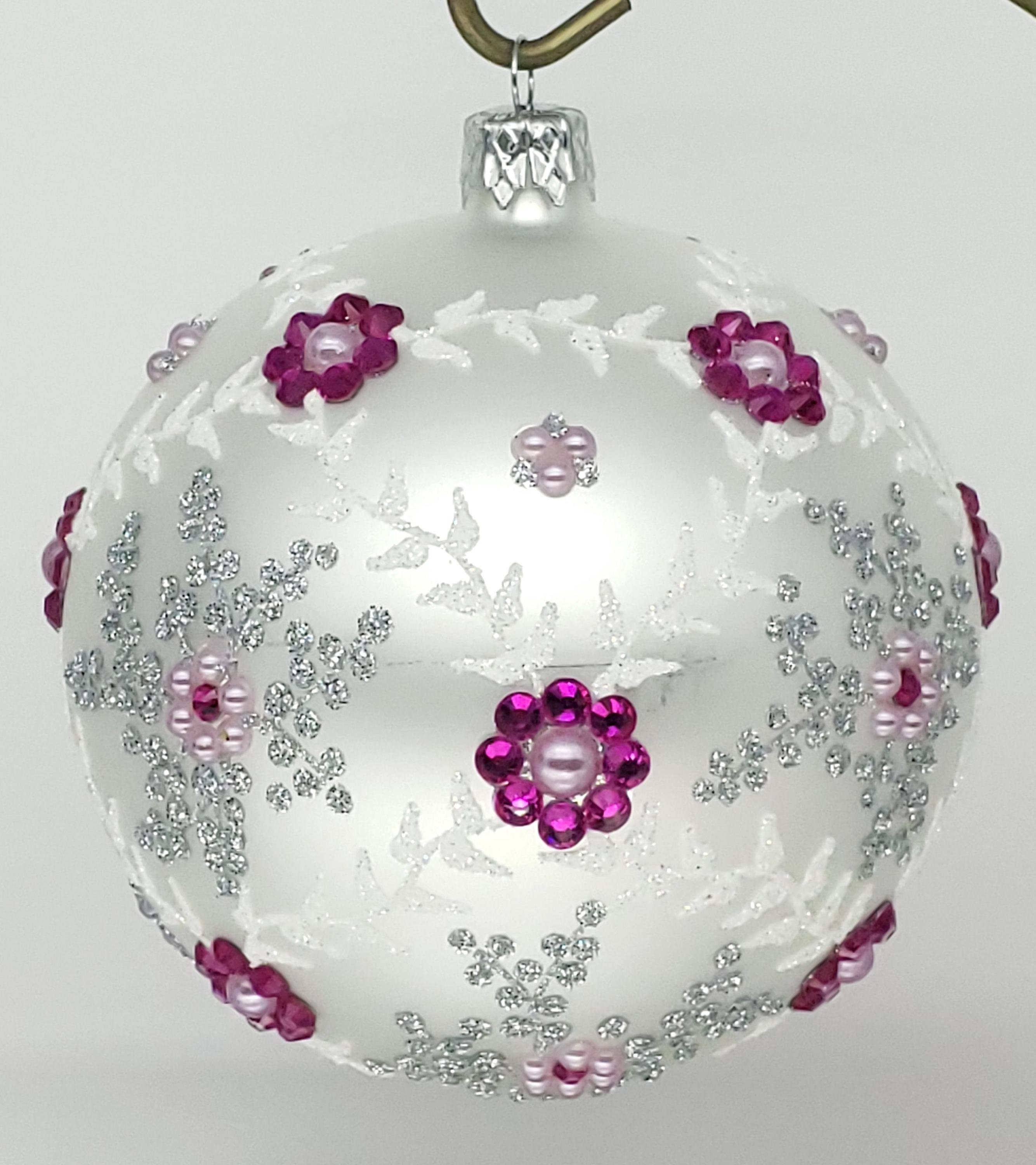 Glass Christmas Ornament with Frosted Floral Rhinestone Design in White or Blue 2 - MeasureMason Glass Christmas Ornament with Frosted Floral Rhinestone Design in White or Blue 2