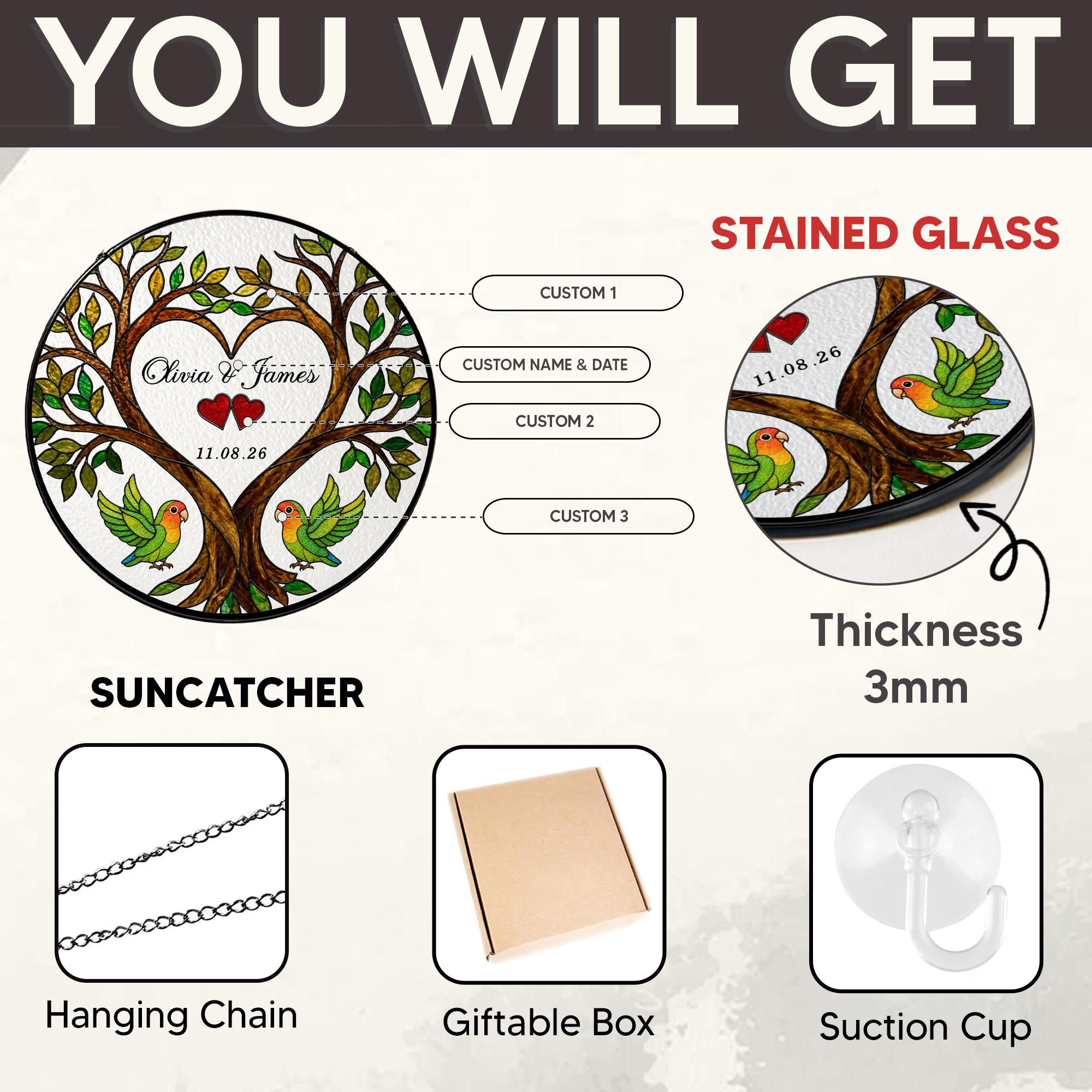 Personalized Wedding Suncatcher, Tree Heart Love Birds Couple Anniversary Gift 3 - MeasureMason Personalized Wedding Suncatcher, Tree Heart Love Birds Couple Anniversary Gift 3