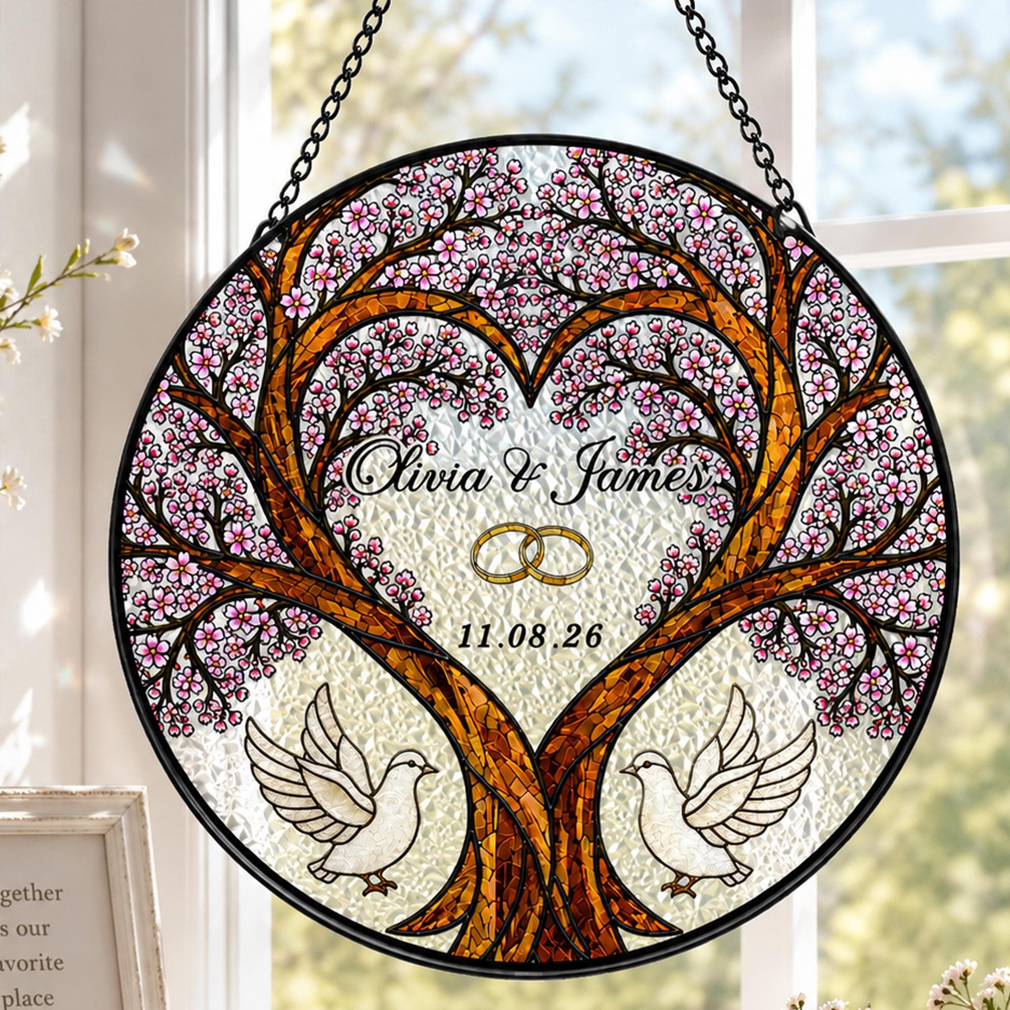 Personalized Wedding Suncatcher, Tree Heart Love Birds Couple Anniversary Gift Personalized Wedding Suncatcher, Tree Heart Love Birds Couple Anniversary Gift