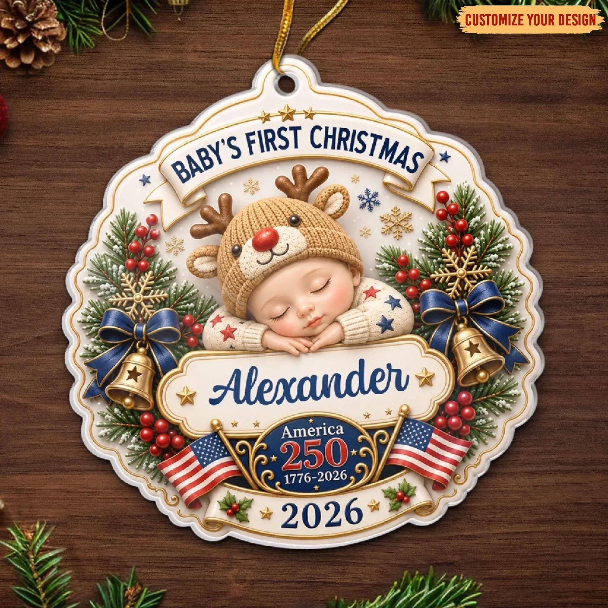 Personalized Baby First Christmas Ornament, Patriotic Newborn Keepsake 4 - MeasureMason Personalized Baby First Christmas Ornament, Patriotic Newborn Keepsake 4