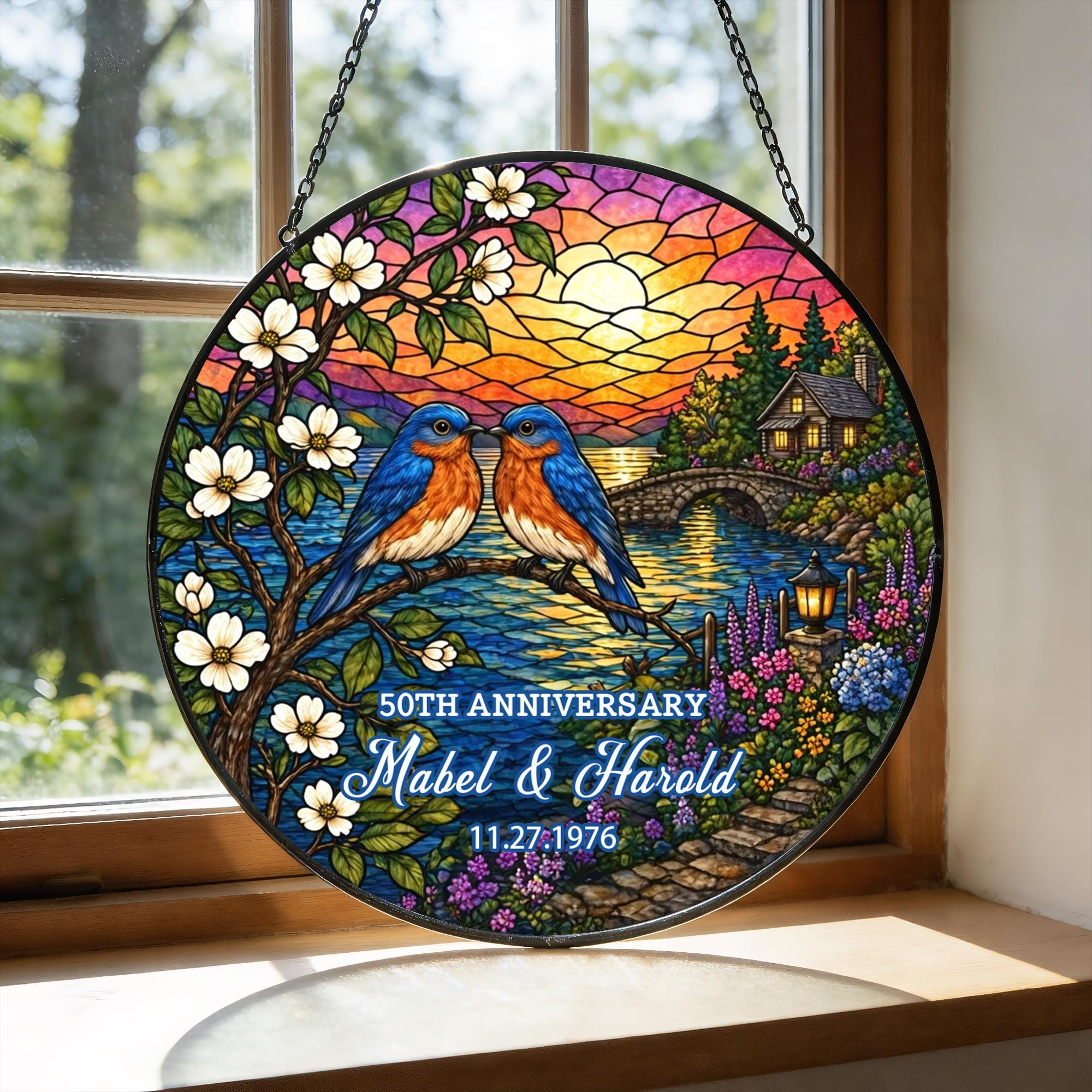 Personalized Anniversary Suncatcher for Parents, Lovebirds Window Hanging with Names and Date 3 - MeasureMason Personalized Anniversary Suncatcher for Parents, Lovebirds Window Hanging with Names and Date 3