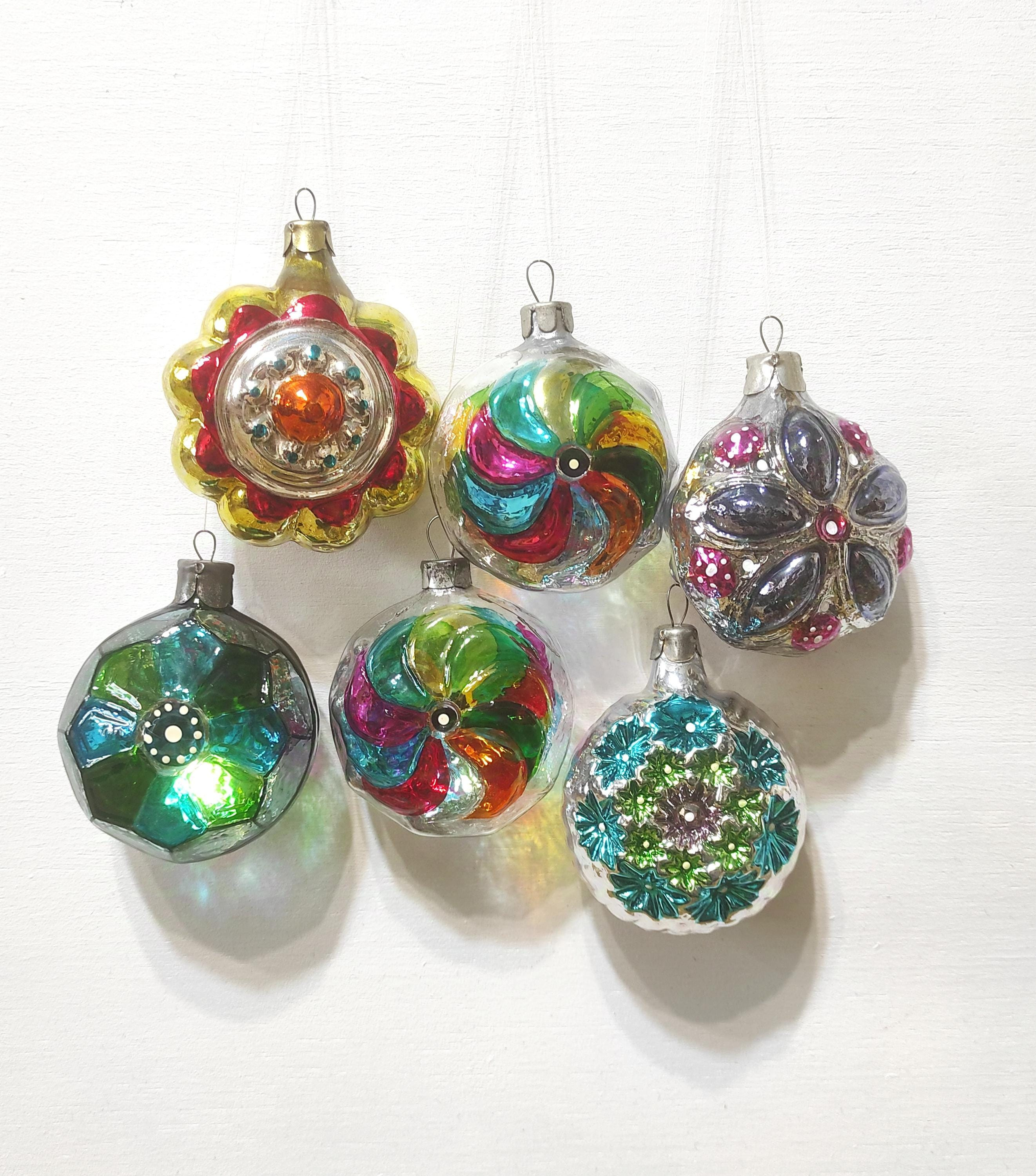 Vintage Glass Christmas Medallion Ornament, Hand Painted Retro Tree Decor