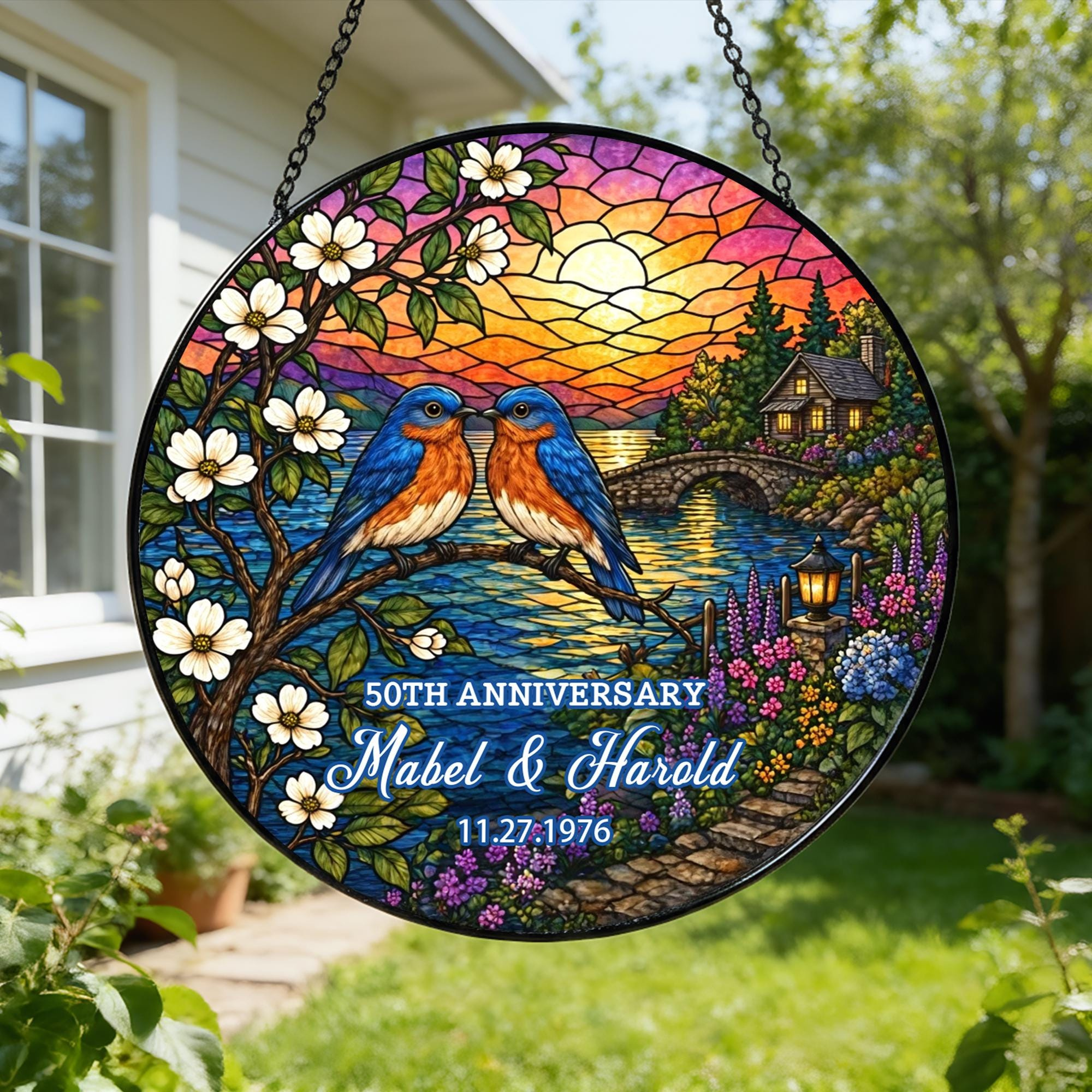 Personalized Anniversary Suncatcher for Parents, Lovebirds Window Hanging with Names and Date 4 - MeasureMason Personalized Anniversary Suncatcher for Parents, Lovebirds Window Hanging with Names and Date 4