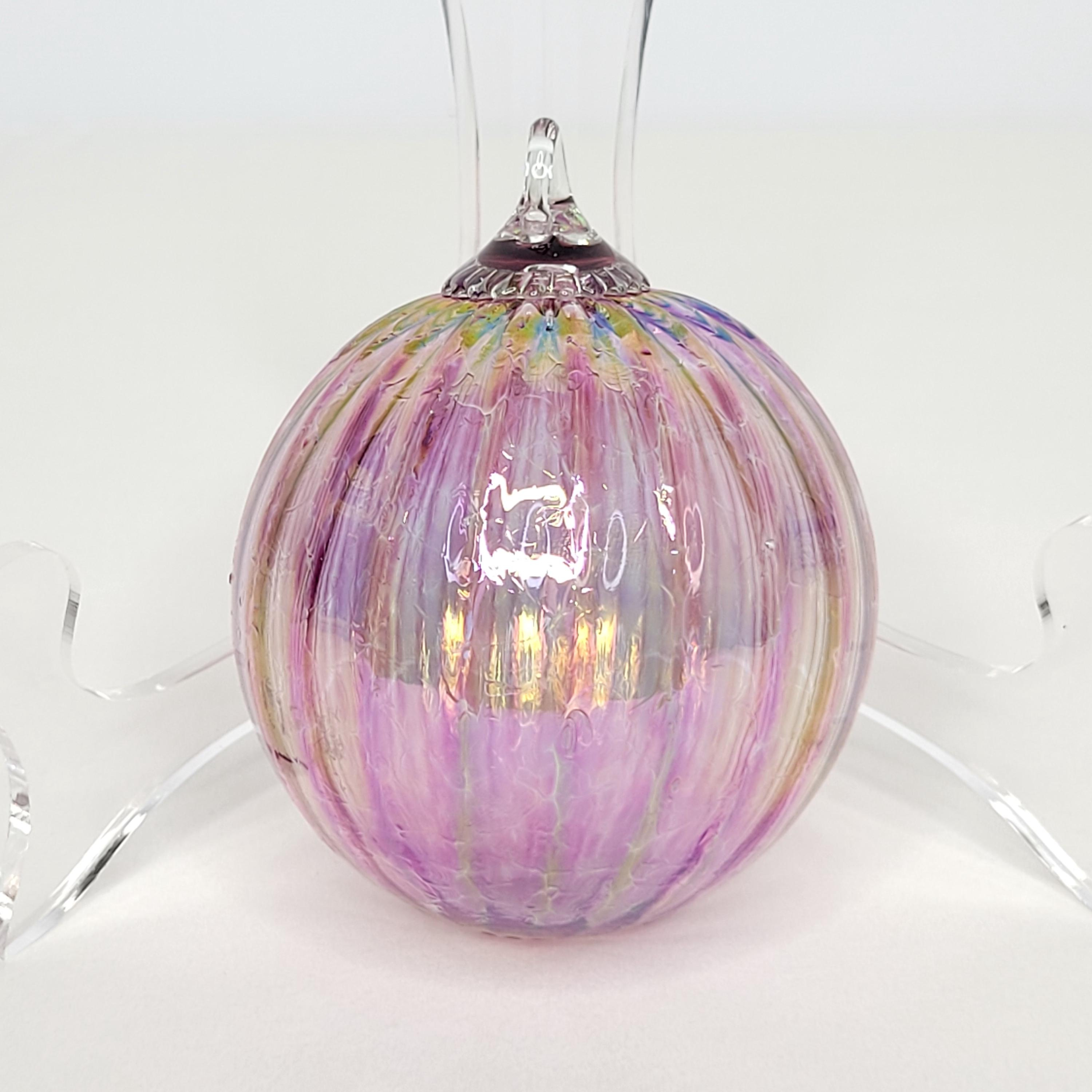 Pink Iridescent Art Glass Ornament, Hand Blown Ribbed Round Christmas Decor Pink Iridescent Art Glass Ornament, Hand Blown Ribbed Round Christmas Decor