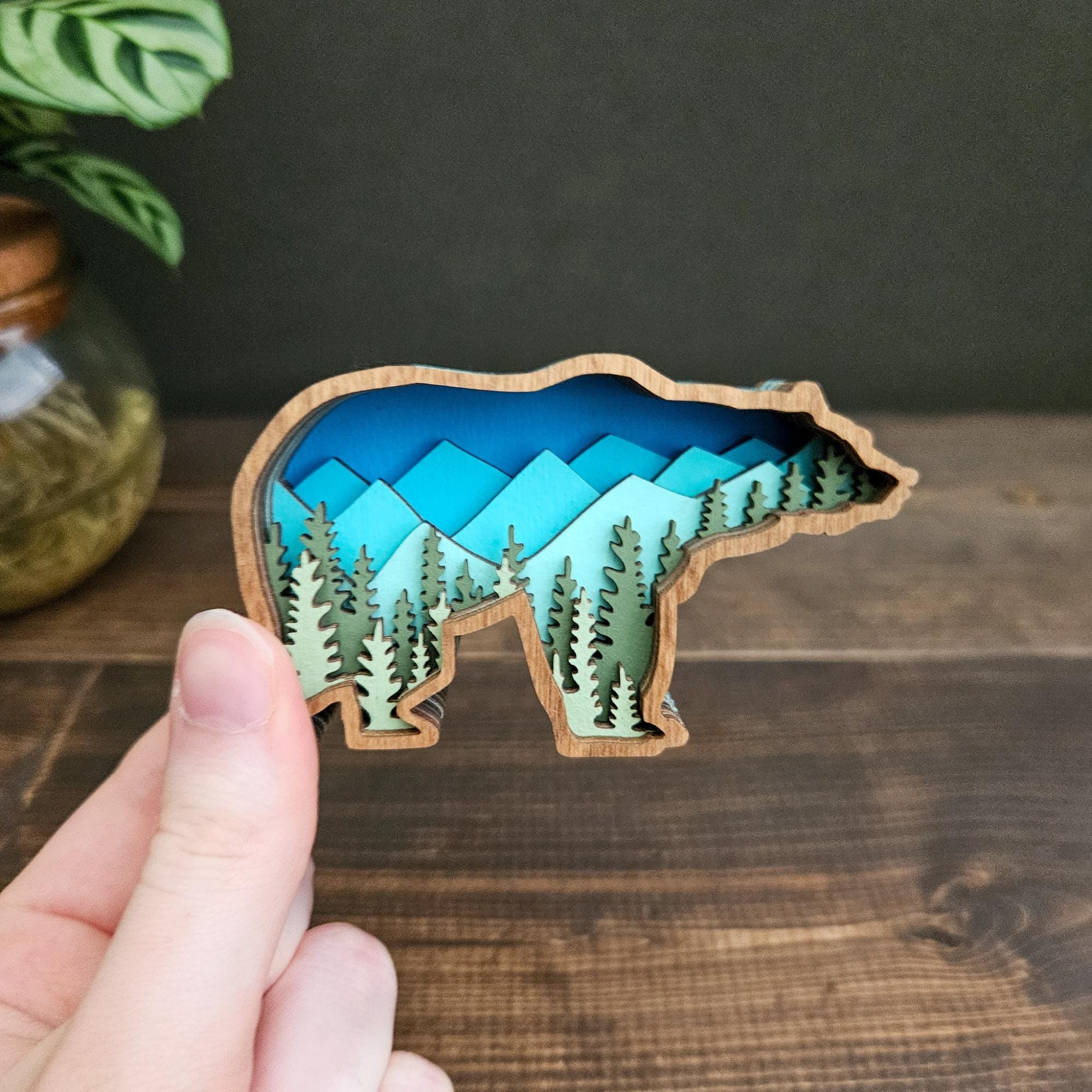 Bear Wood Magnet, 3D Layered Animal Fridge Decor for Cabin and Nature Lovers