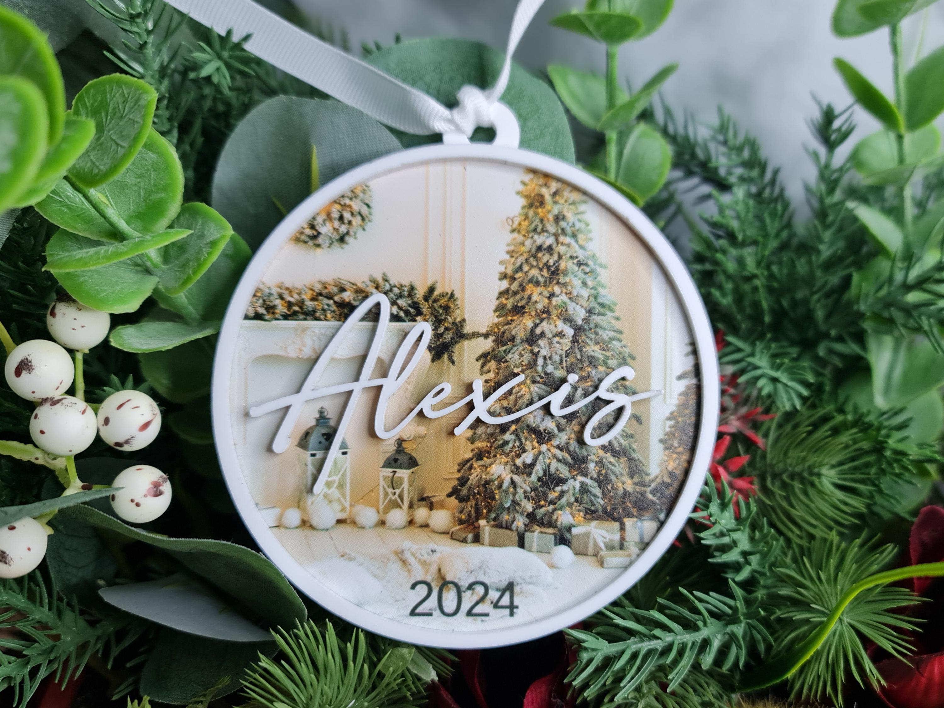 Personalized Name Christmas Ornament with Tree Background Custom 2025 Keepsake