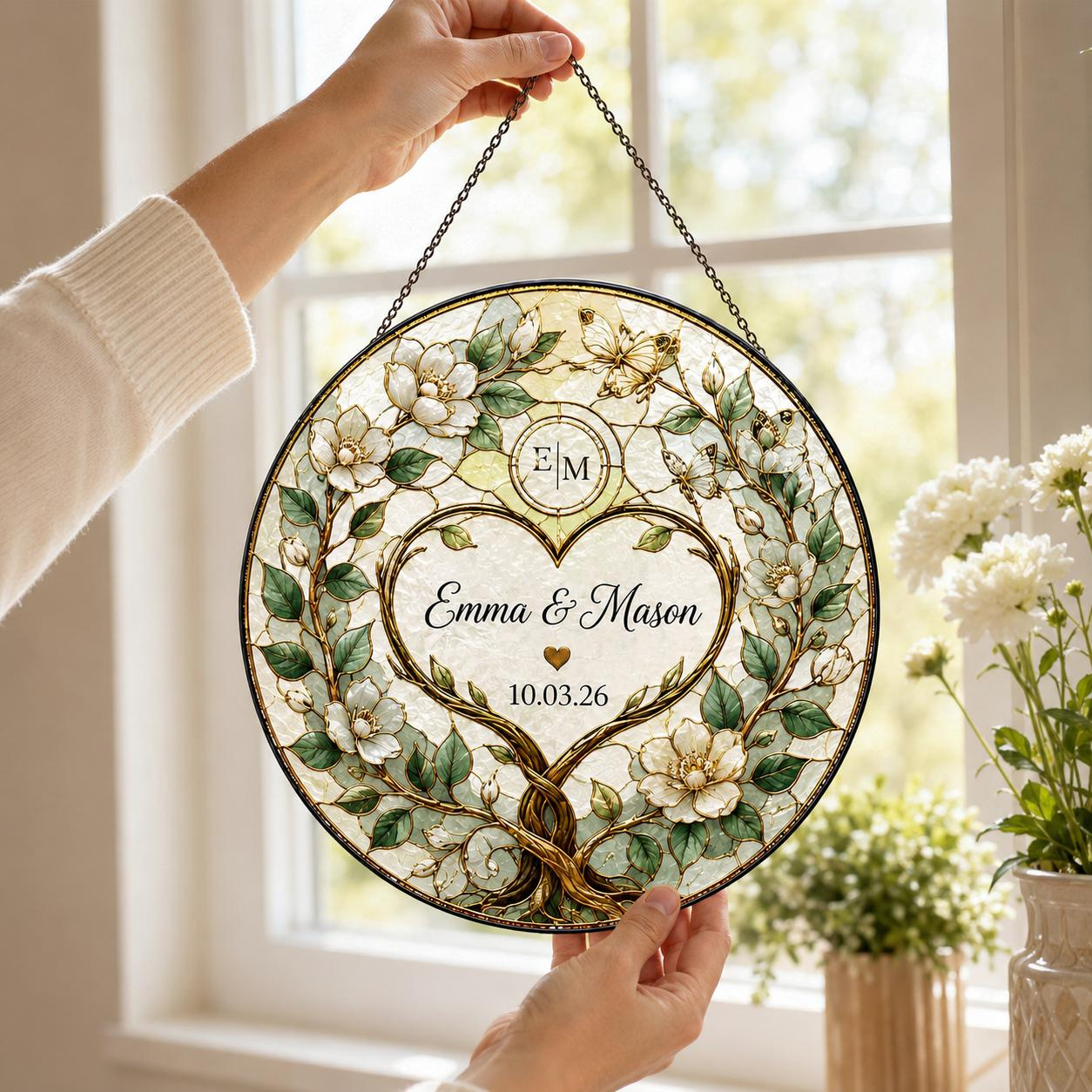 Personalized Stained Glass Suncatcher for Couples, Custom Name Wedding Anniversary Gift