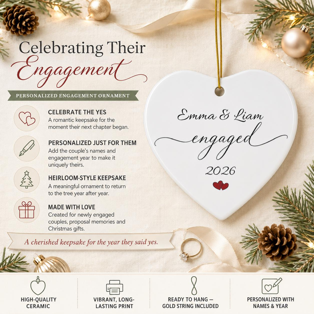 Personalized Engaged Heart Ornament, Ceramic Engagement Keepsake 1 - MeasureMason Personalized Engaged Heart Ornament, Ceramic Engagement Keepsake 1