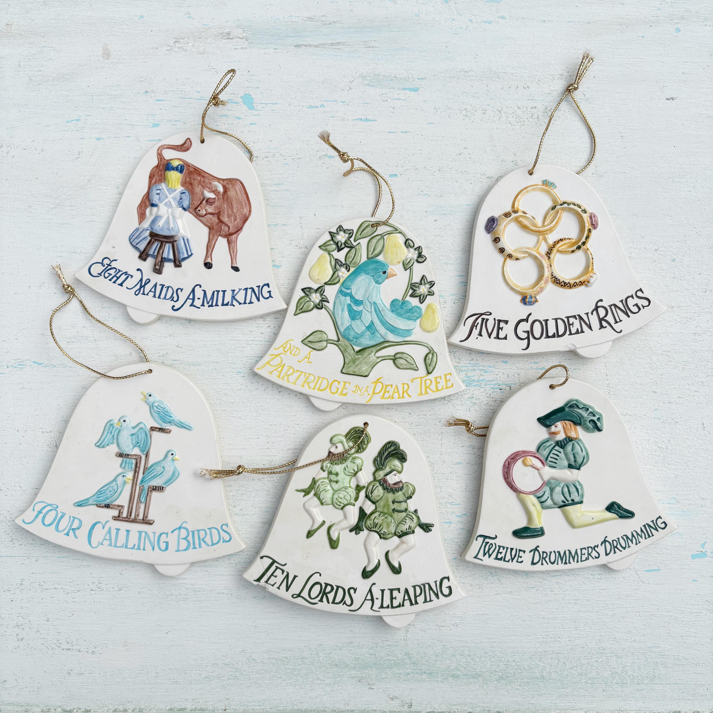 Vintage Ceramic Bell Christmas Ornaments, Double Sided Hand Painted Holiday Tree Decor