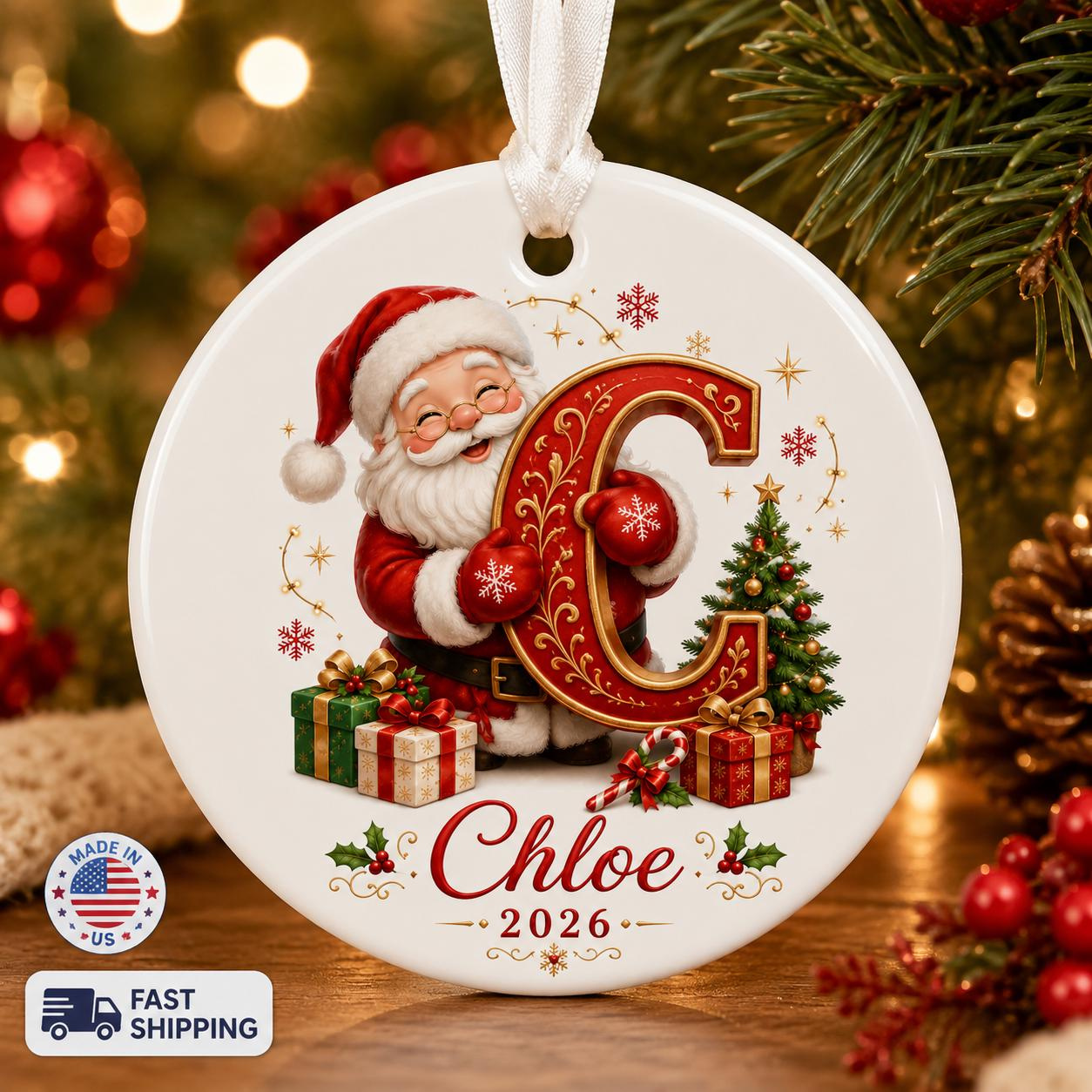 Personalized Santa Initial Ornament, Custom Name Christmas Keepsake for Kids 1 - MeasureMason Personalized Santa Initial Ornament, Custom Name Christmas Keepsake for Kids 1