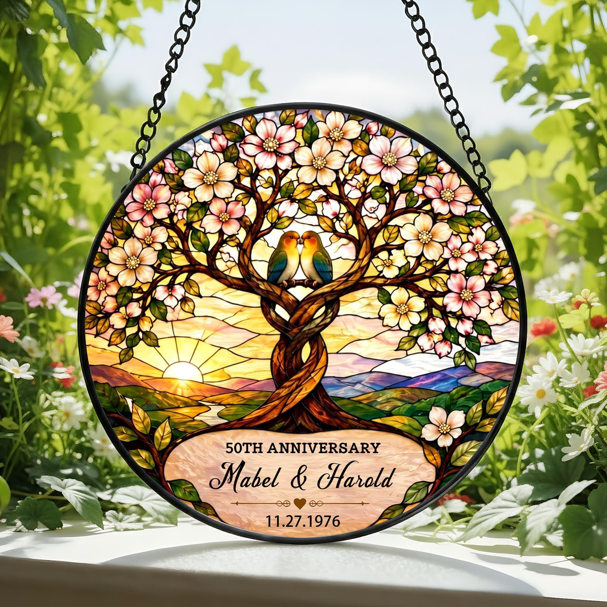 Personalized Anniversary Suncatcher for Parents, Lovebirds Window Hanging with Names and Date 2 - MeasureMason Personalized Anniversary Suncatcher for Parents, Lovebirds Window Hanging with Names and Date 2