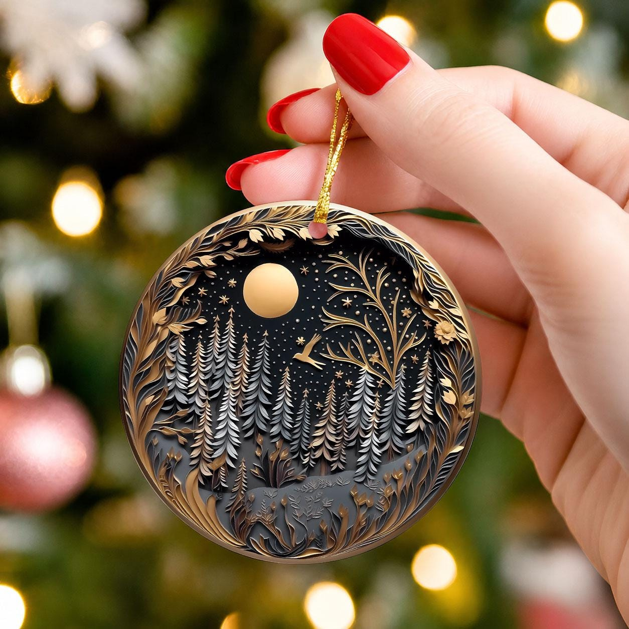2026 Christmas Ornament Night Forest Scene with Moon and Stars Black and Gold Decor 1
