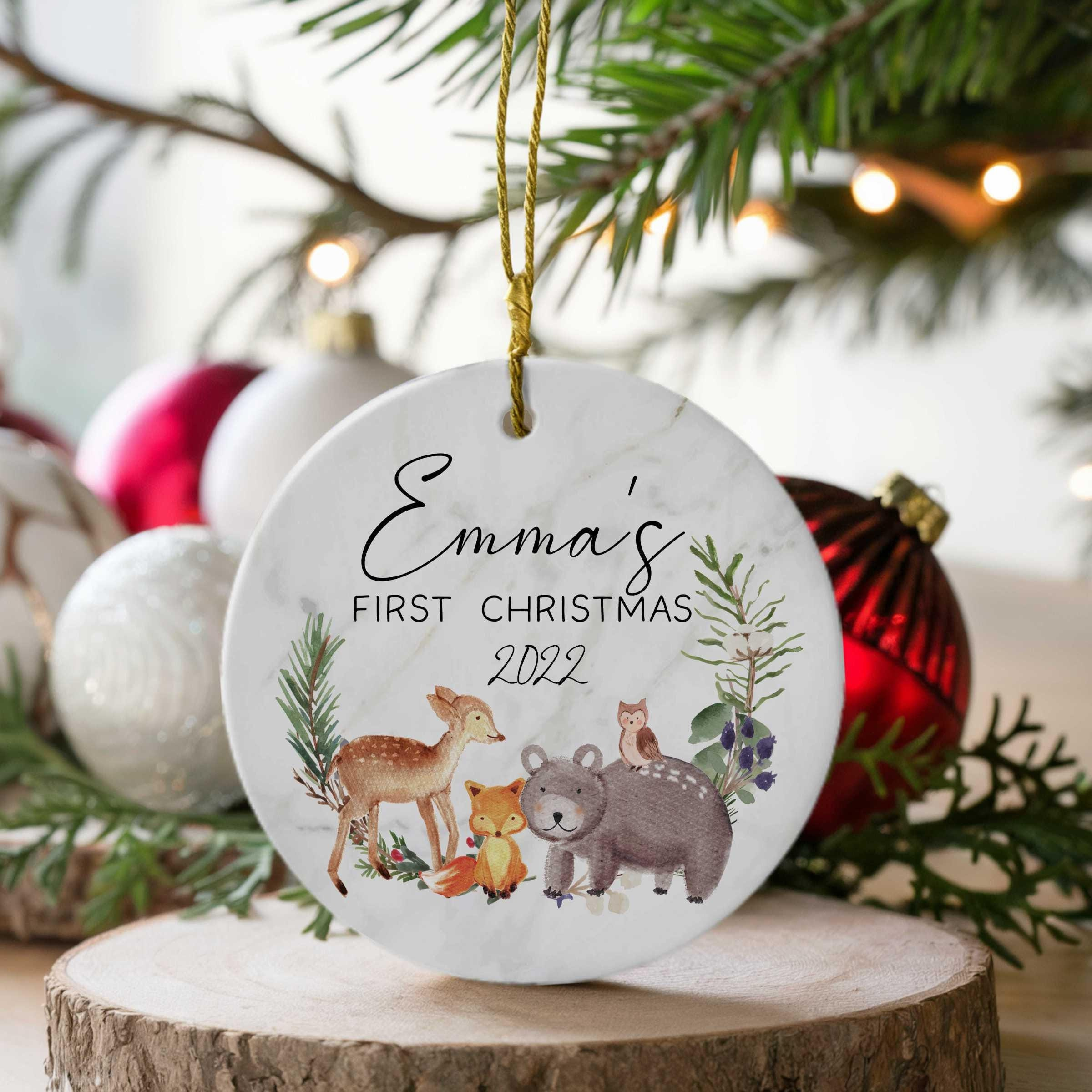 Personalized First Christmas Ornament, Woodland Creatures Baby Ceramic Keepsake