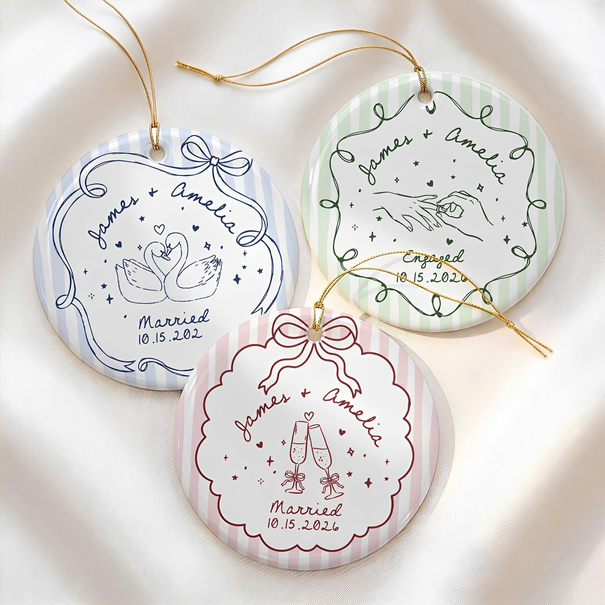 Custom Engagement Ornament, Personalized Ceramic Gift for Engaged Couples