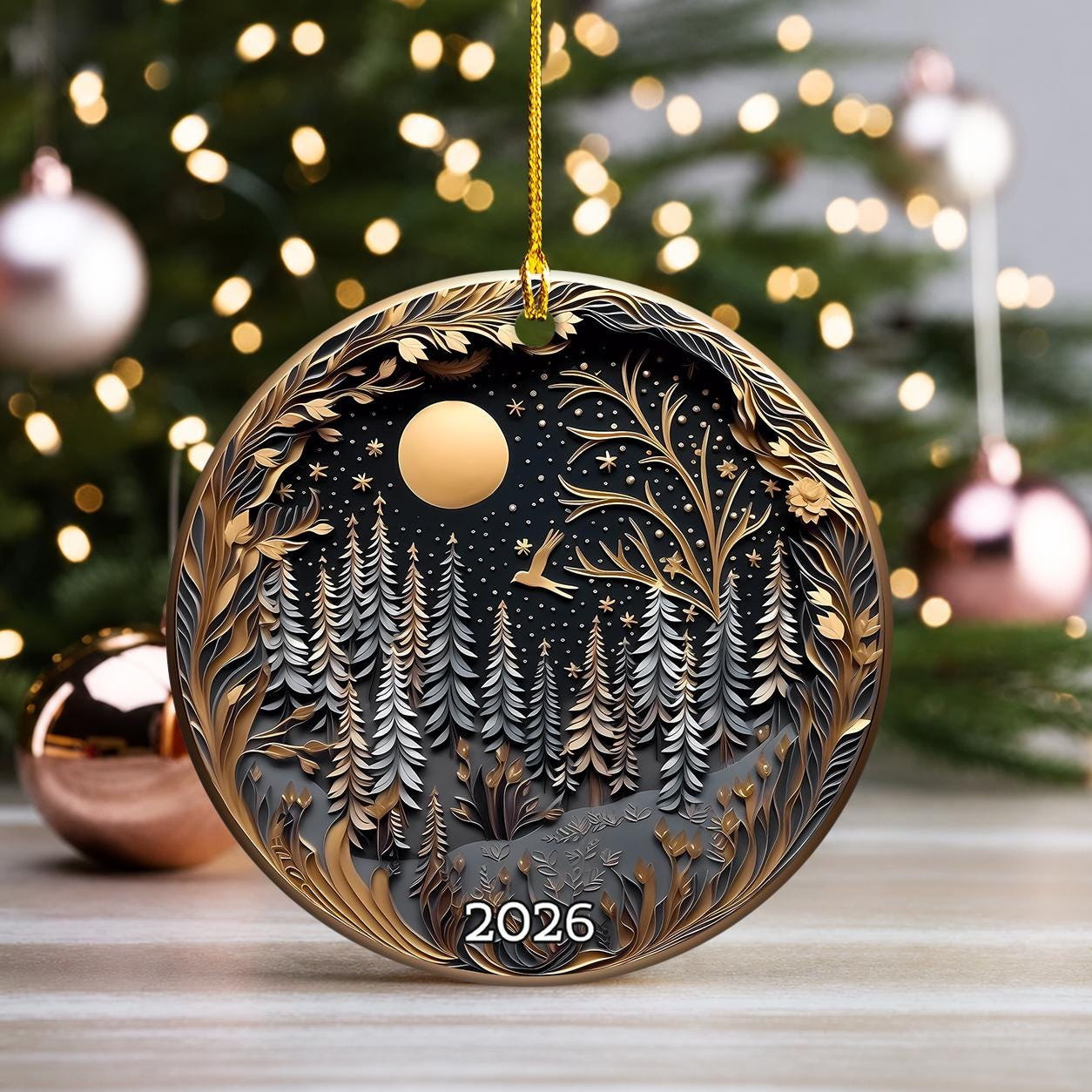 2026 Christmas Ornament Night Forest Scene with Moon and Stars Black and Gold Decor 2026 Christmas Ornament Night Forest Scene with Moon and Stars Black and Gold Decor