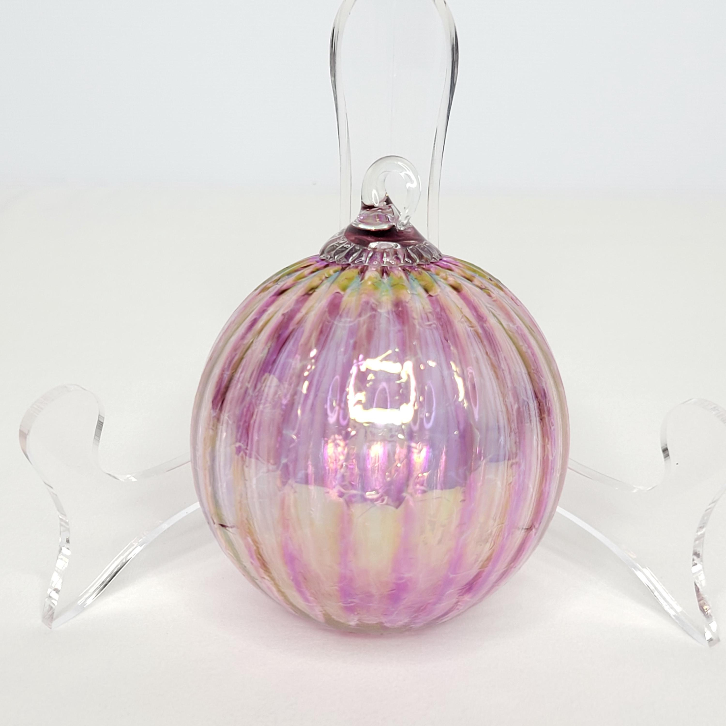 Pink Iridescent Art Glass Ornament, Hand Blown Ribbed Round Christmas Decor 1 - MeasureMason Pink Iridescent Art Glass Ornament, Hand Blown Ribbed Round Christmas Decor 1