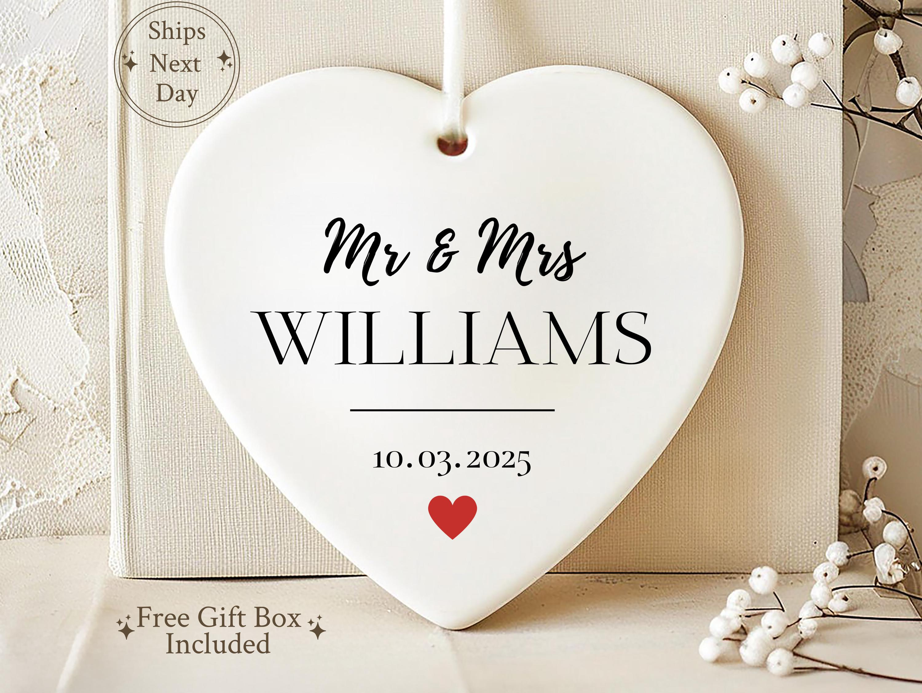 Personalized Wedding Ornament Heart Ceramic Keepsake for Newlyweds Personalized Wedding Ornament Heart Ceramic Keepsake for Newlyweds