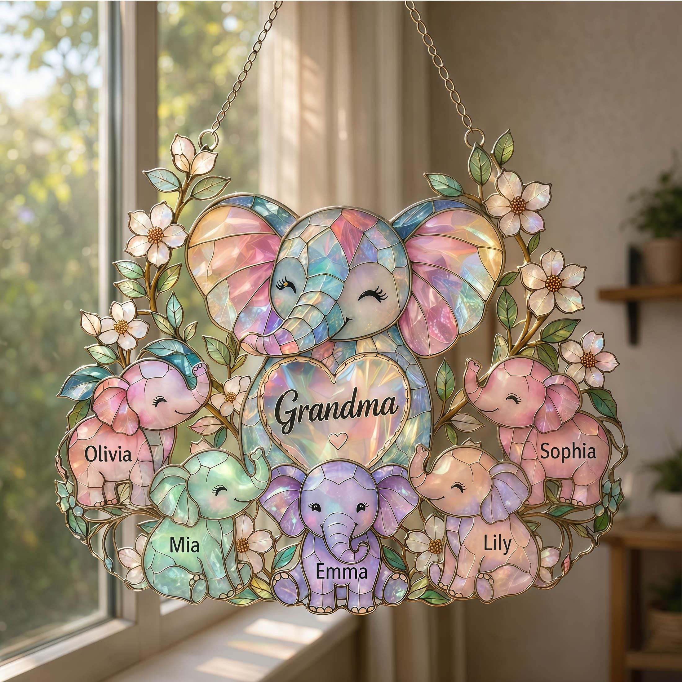 Personalized Elephant Grandma Suncatcher with Custom Names, Family Window Hanging Gift