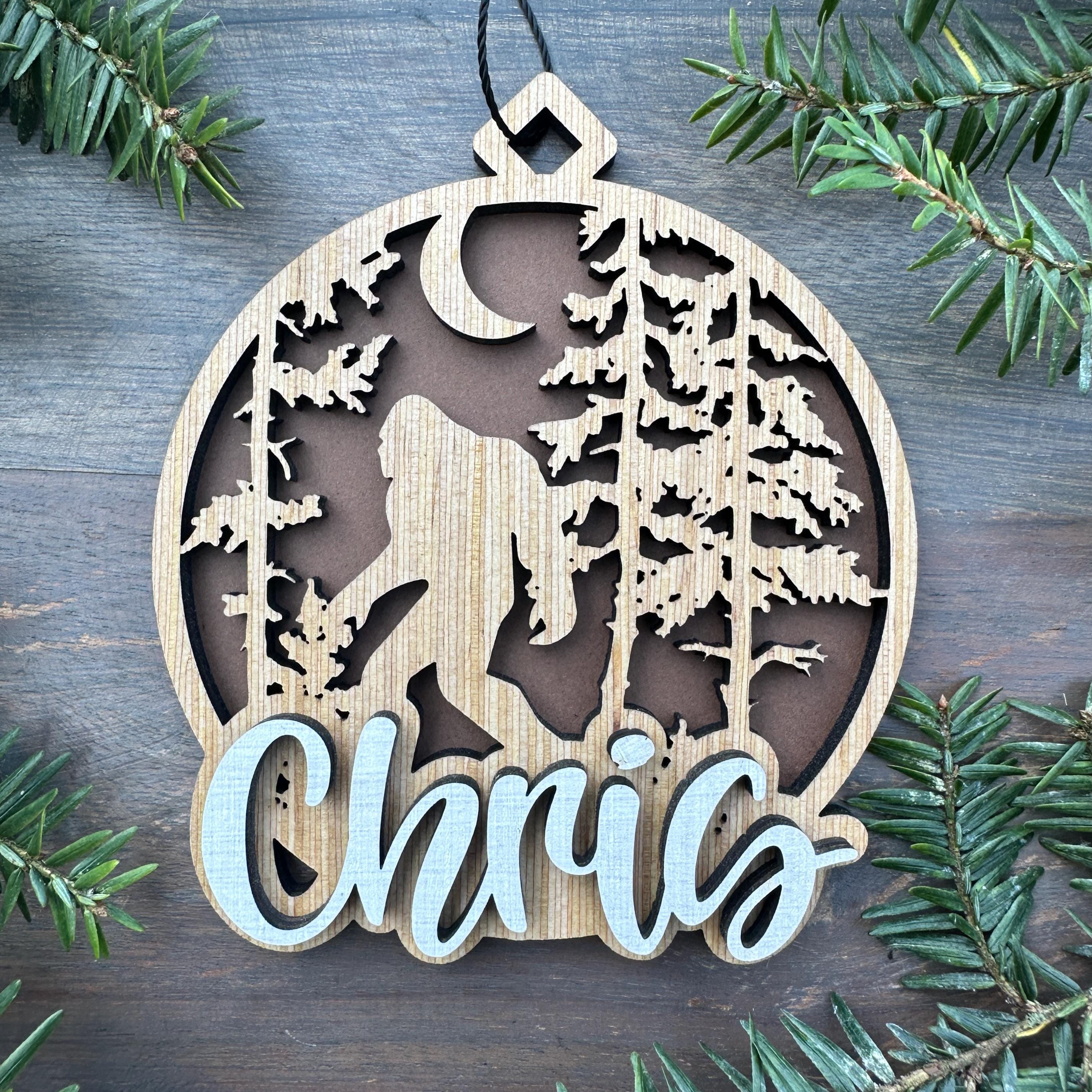 Personalized Bigfoot Christmas Ornament with Name, Wood Family Holiday Keepsake