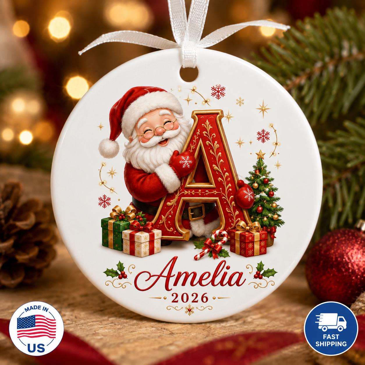 Personalized Santa Initial Ornament, Custom Name Christmas Keepsake for Kids Personalized Santa Initial Ornament, Custom Name Christmas Keepsake for Kids