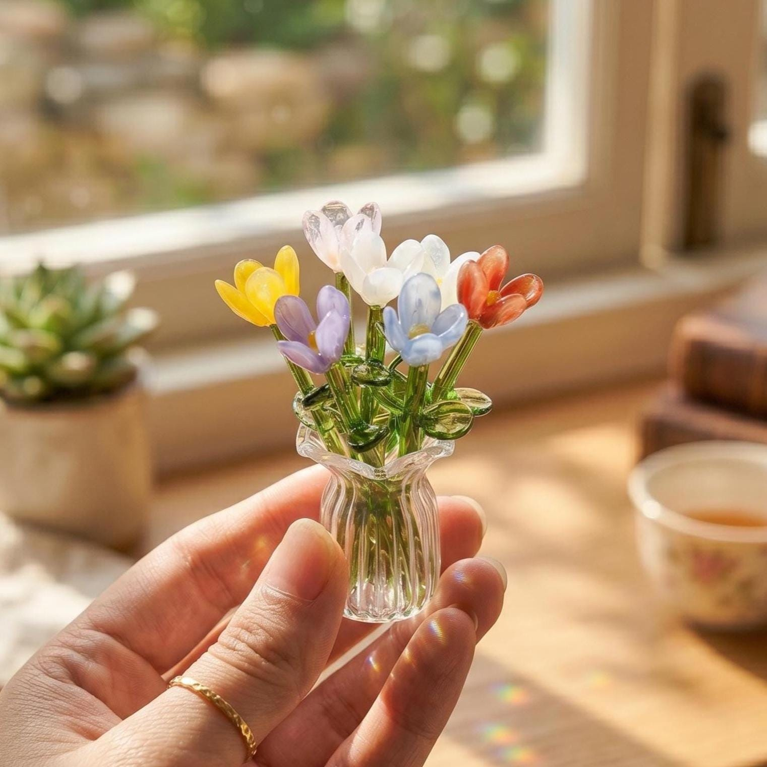 Miniature Glass Flower Bouquet for Mom, Everlasting Floral Keepsake Desk Decor Miniature Glass Flower Bouquet for Mom, Everlasting Floral Keepsake Desk Decor