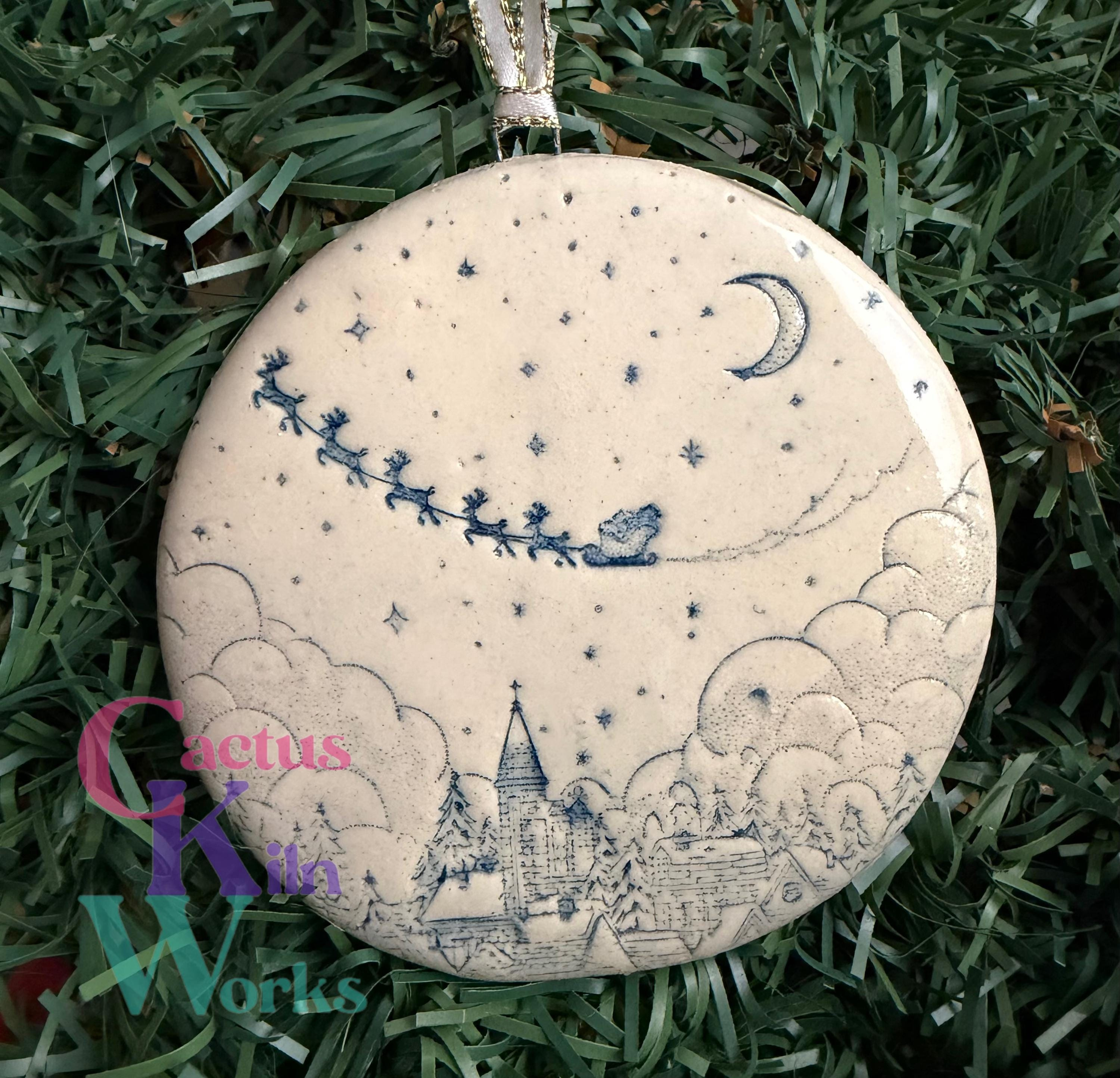Handmade Ceramic Christmas Ornament, Sleigh Ride Round Disc Holiday Decoration 1 - MeasureMason Handmade Ceramic Christmas Ornament, Sleigh Ride Round Disc Holiday Decoration 1