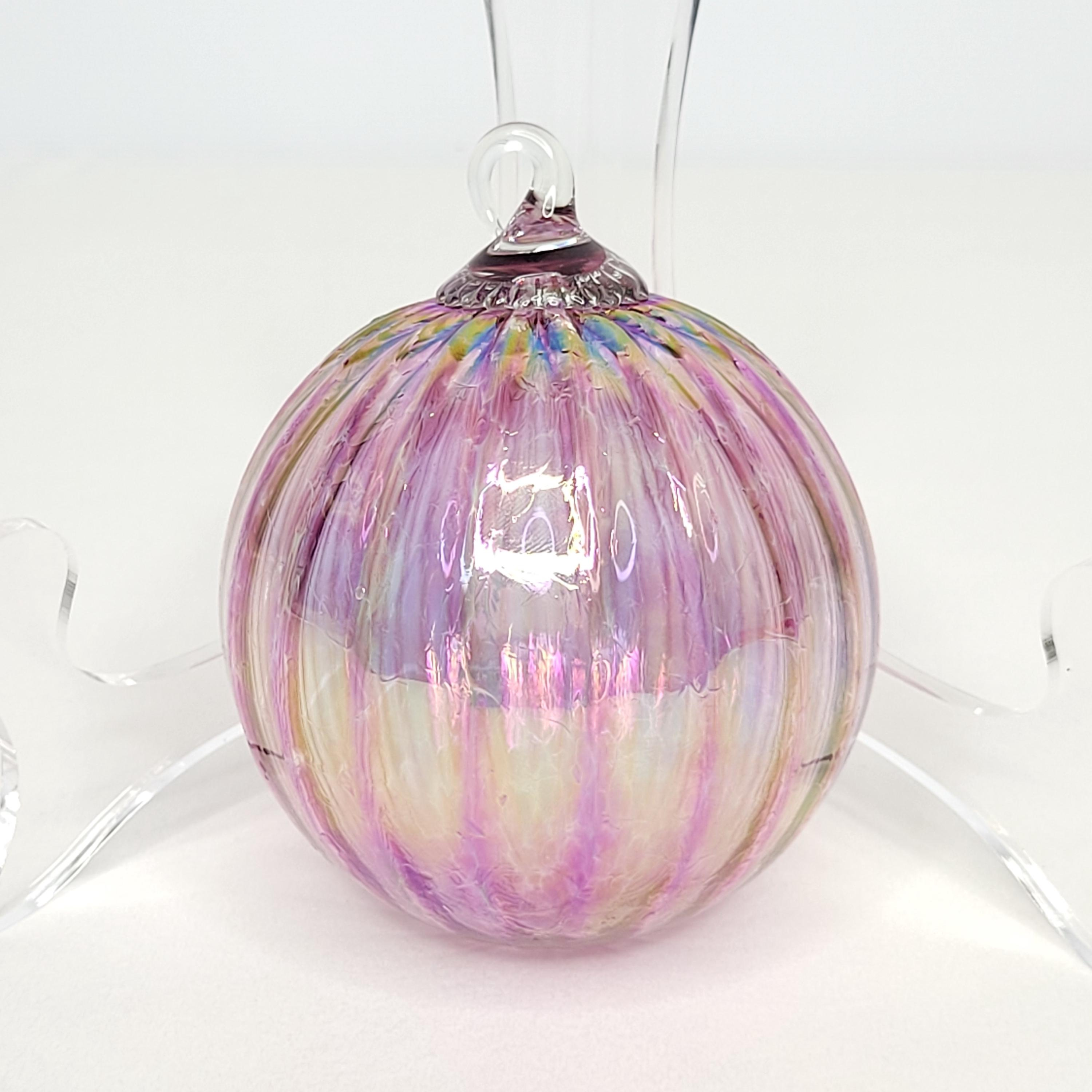 Pink Iridescent Art Glass Ornament, Hand Blown Ribbed Round Christmas Decor 3 - MeasureMason Pink Iridescent Art Glass Ornament, Hand Blown Ribbed Round Christmas Decor 3