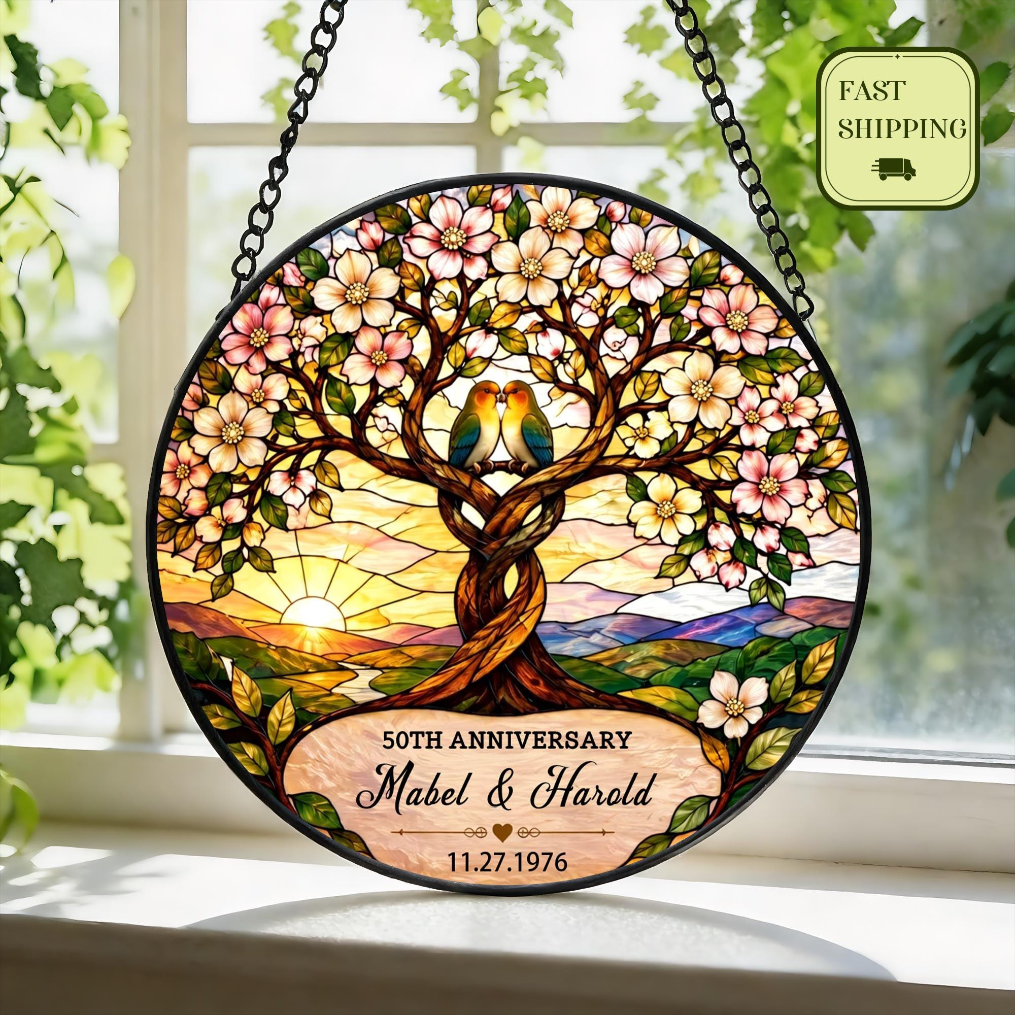Personalized Anniversary Suncatcher for Parents, Lovebirds Window Hanging with Names and Date Personalized Anniversary Suncatcher for Parents, Lovebirds Window Hanging with Names and Date