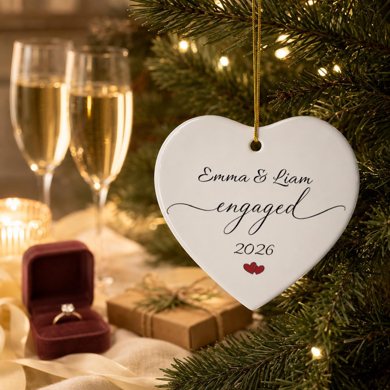 Personalized Engaged Heart Ornament, Ceramic Engagement Keepsake
