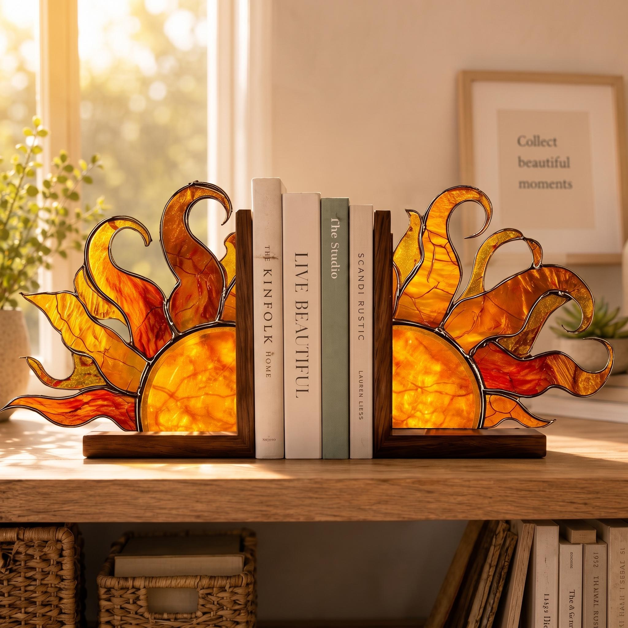 Acrylic Suncatcher Bookends, Celestial Boho Reading Decor, Faux Stained Glass Sunburst Acrylic Suncatcher Bookends, Celestial Boho Reading Decor, Faux Stained Glass Sunburst