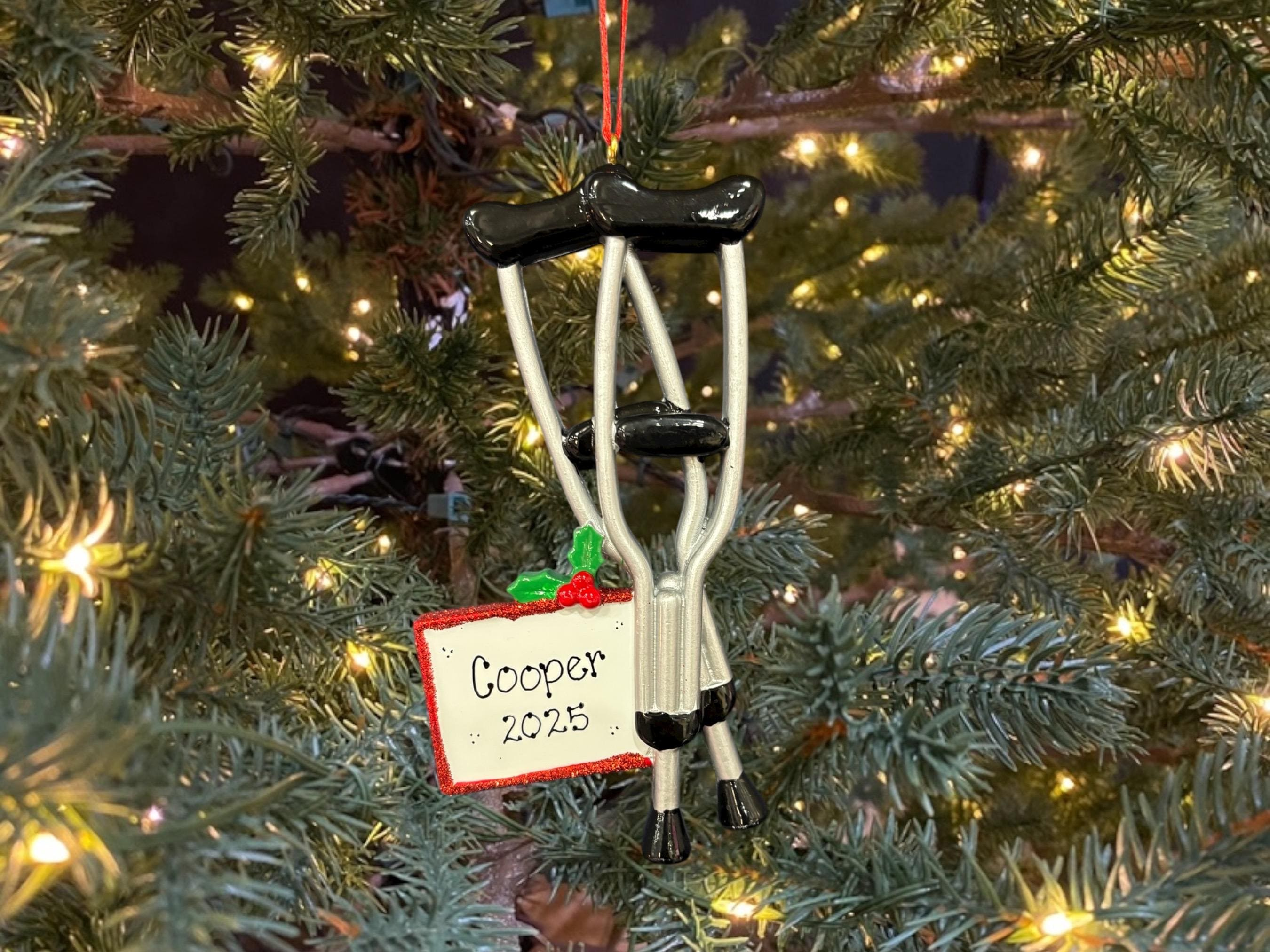 Personalized Crutches Christmas Ornament for Broken Leg or Foot Cast Recovery Gift Personalized Crutches Christmas Ornament for Broken Leg or Foot Cast Recovery Gift