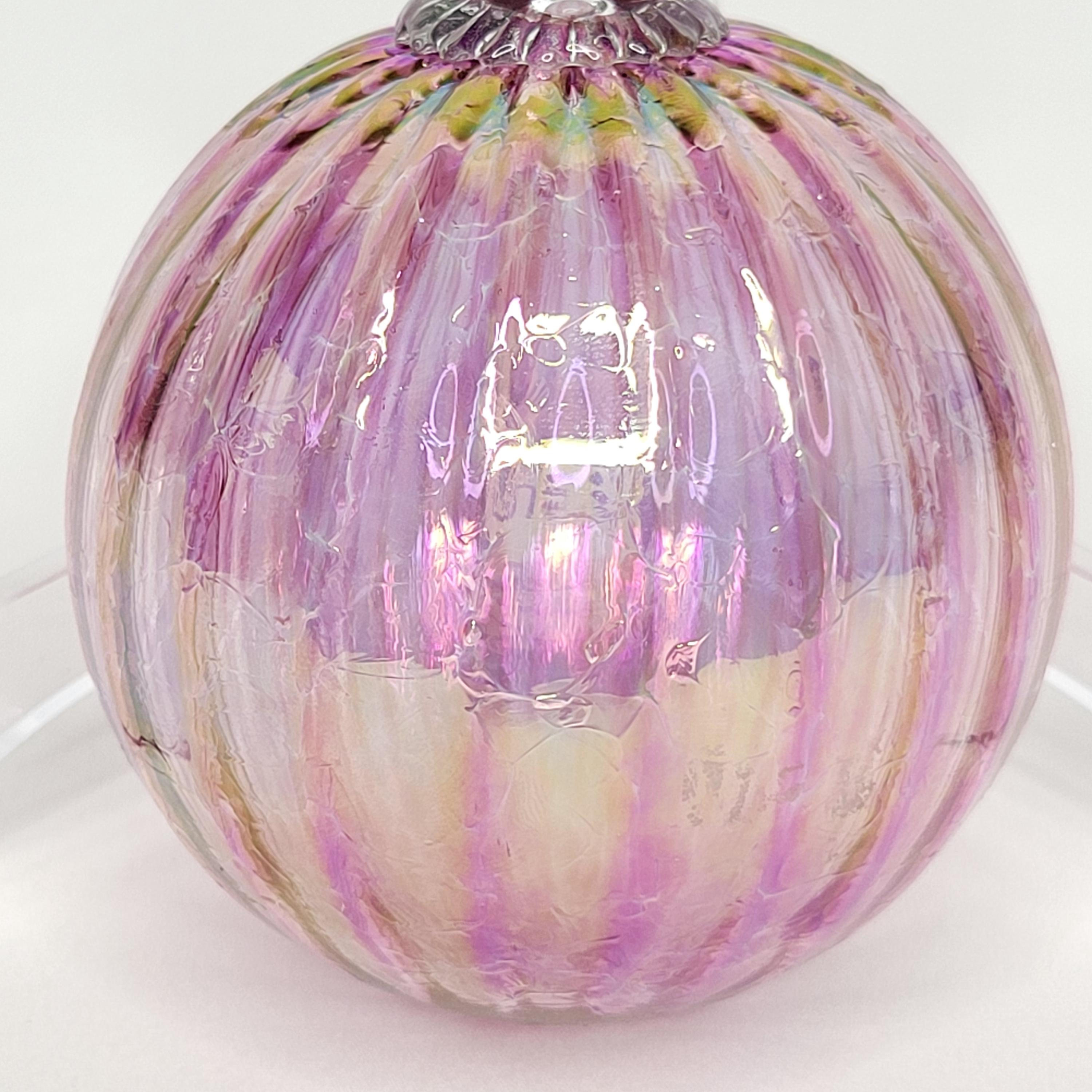 Pink Iridescent Art Glass Ornament, Hand Blown Ribbed Round Christmas Decor 4 - MeasureMason Pink Iridescent Art Glass Ornament, Hand Blown Ribbed Round Christmas Decor 4