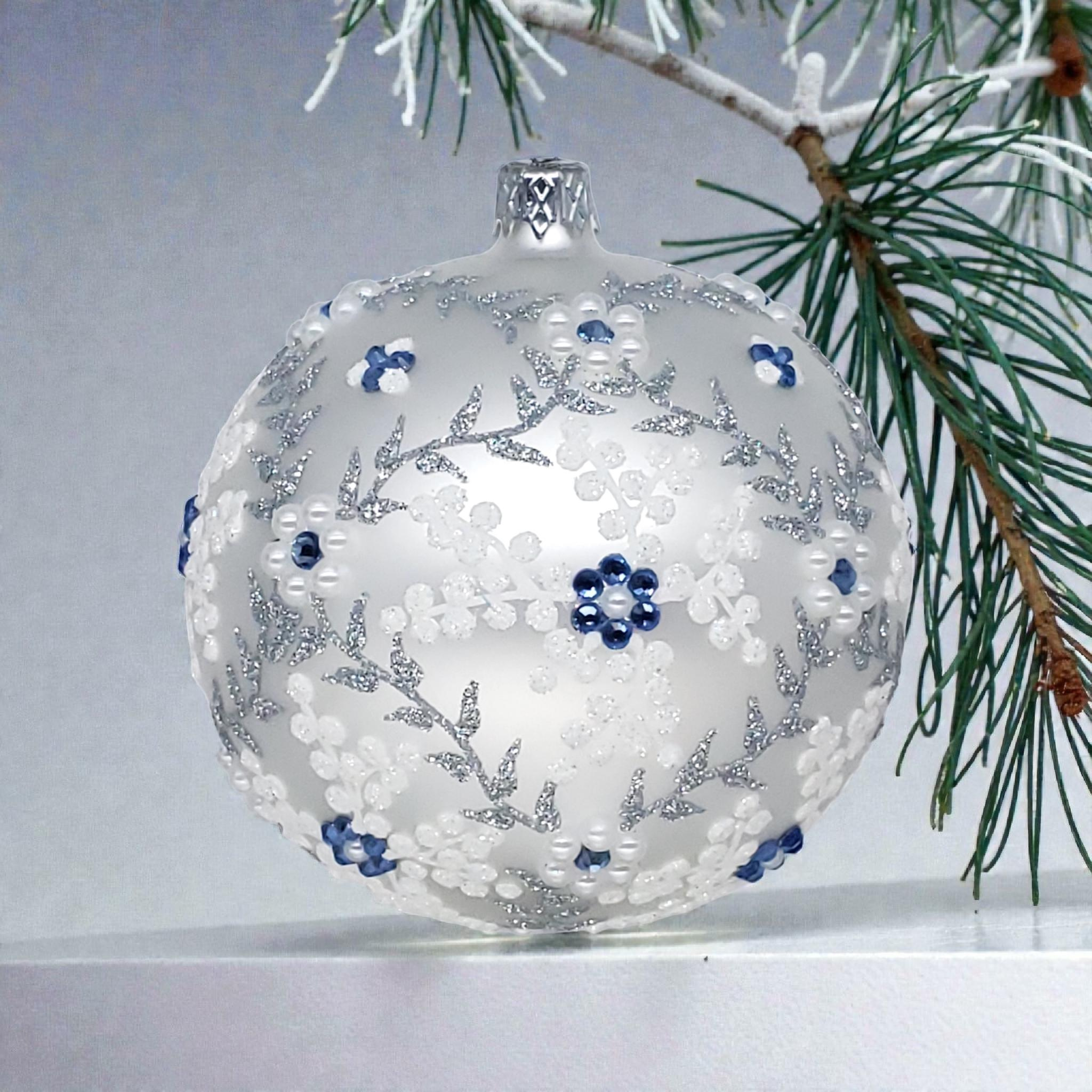 Glass Christmas Ornament with Frosted Floral Rhinestone Design in White or Blue 1 - MeasureMason Glass Christmas Ornament with Frosted Floral Rhinestone Design in White or Blue 1