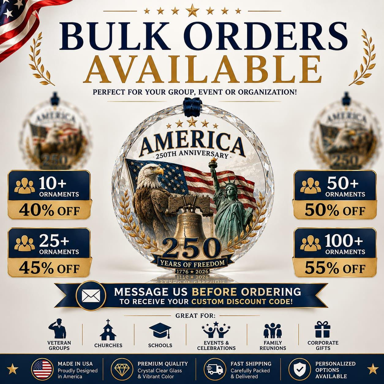 250th Anniversary Patriotic Glass Ornament, American Heritage Christmas Keepsake 1