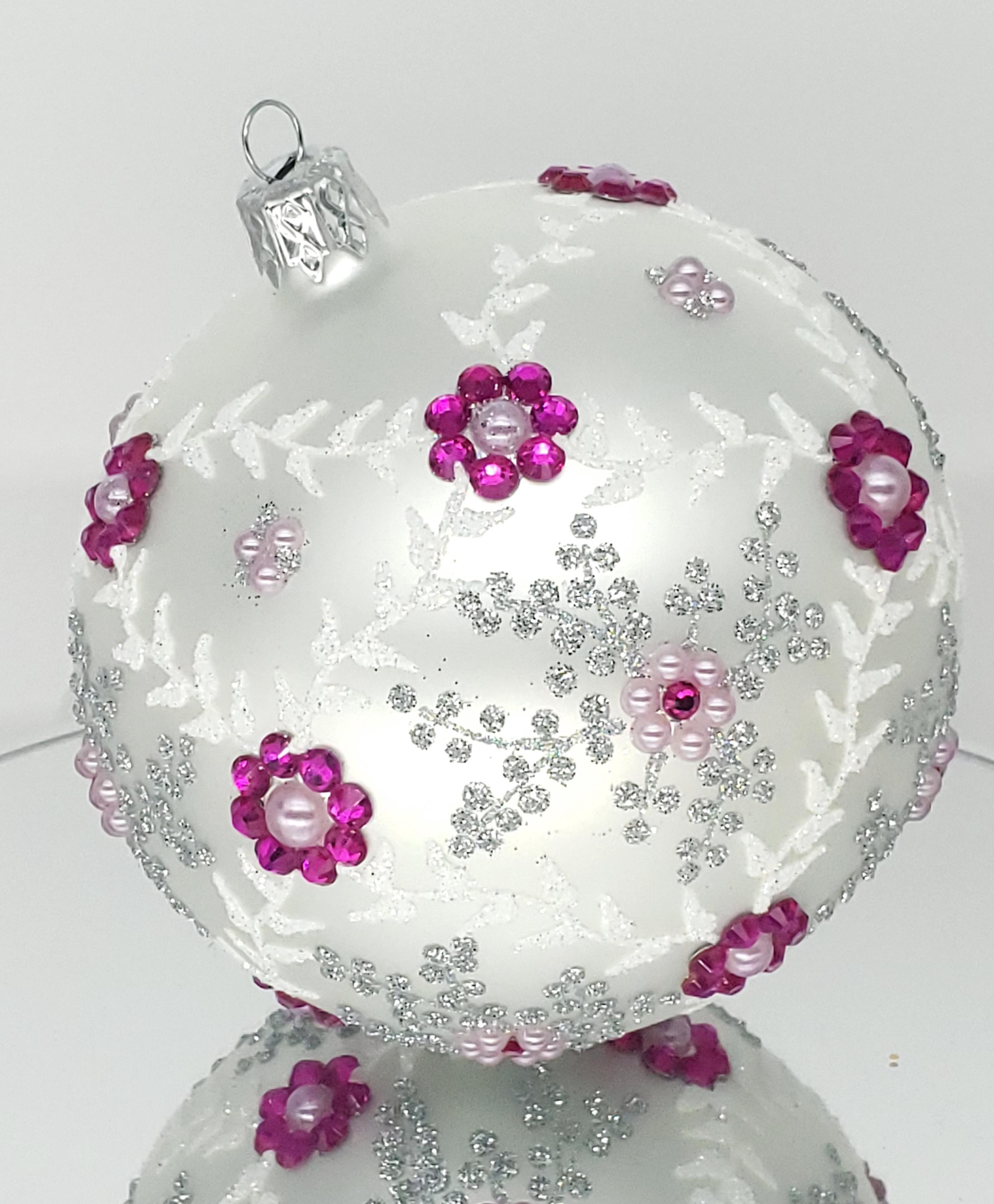 Glass Christmas Ornament with Frosted Floral Rhinestone Design in White or Blue 4 - MeasureMason Glass Christmas Ornament with Frosted Floral Rhinestone Design in White or Blue 4