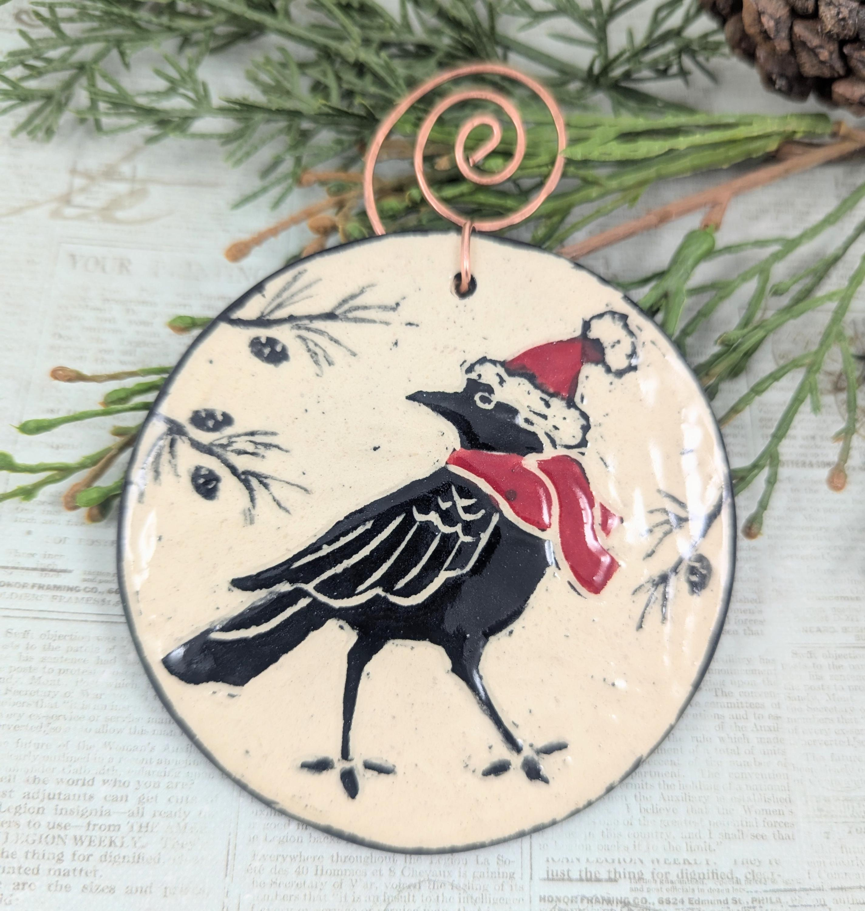 Crow Christmas Tree Ornament, Ceramic Bird Ornament with Santa Hat Crow Christmas Tree Ornament, Ceramic Bird Ornament with Santa Hat