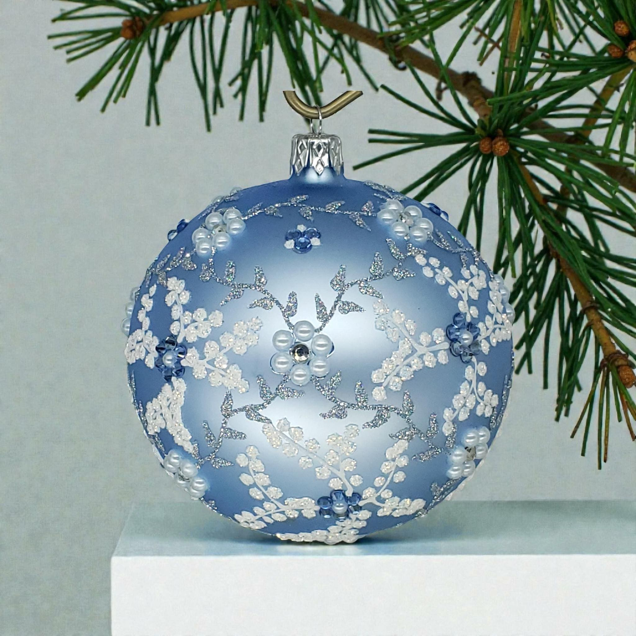 Glass Christmas Ornament with Frosted Floral Rhinestone Design in White or Blue Glass Christmas Ornament with Frosted Floral Rhinestone Design in White or Blue